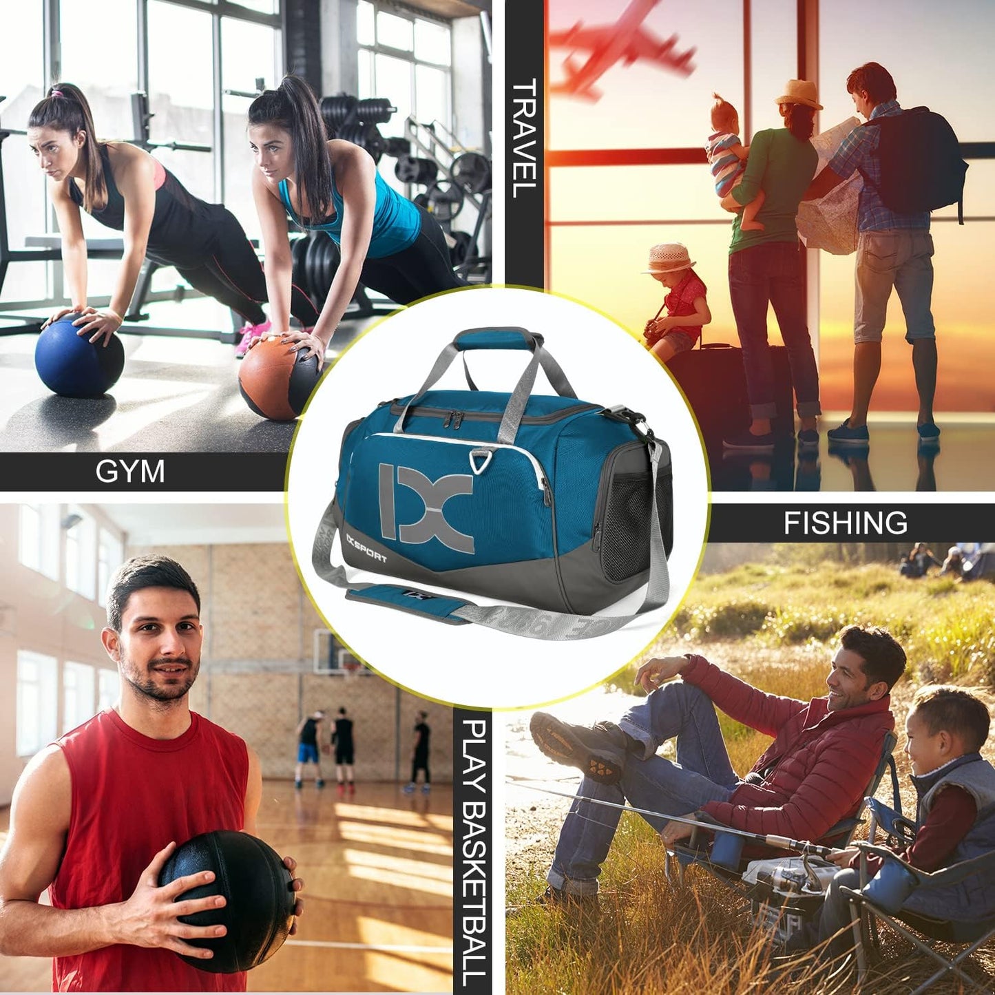Sports Gym Bag,INOXTO Travel Duffel Bag with Dry Wet Pocket And Shoe CompartmentFor Women and Men,40L/55L Fitness Waterproof Weekender Bag For Swim Sports Travel Working Out (Blue gray, 40L)