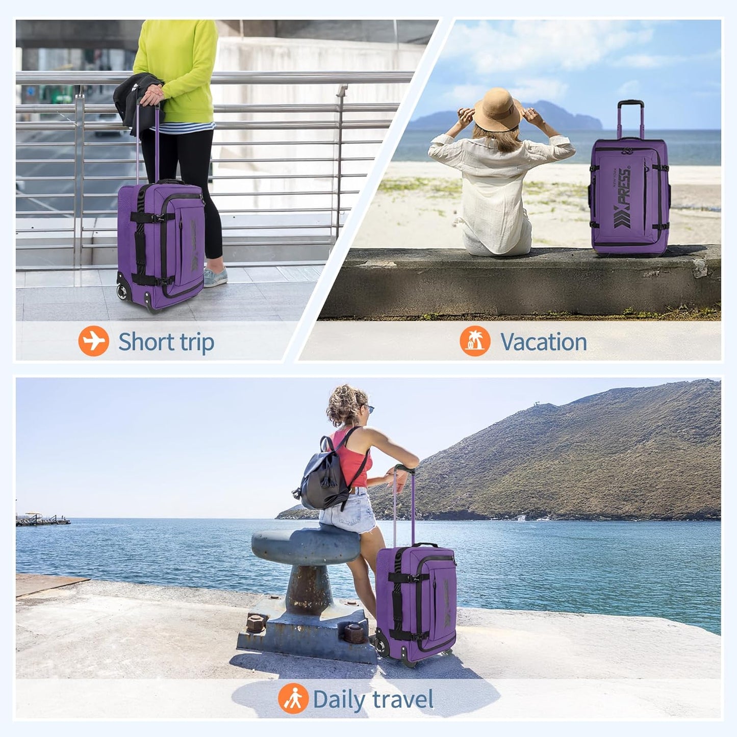 20'' Rolling Duffle Bag w/Wheels,Rolling Duffle Bag w/Handle,Carry on Luggage Travel Duffle Bags for Man Women,(20,Purple)