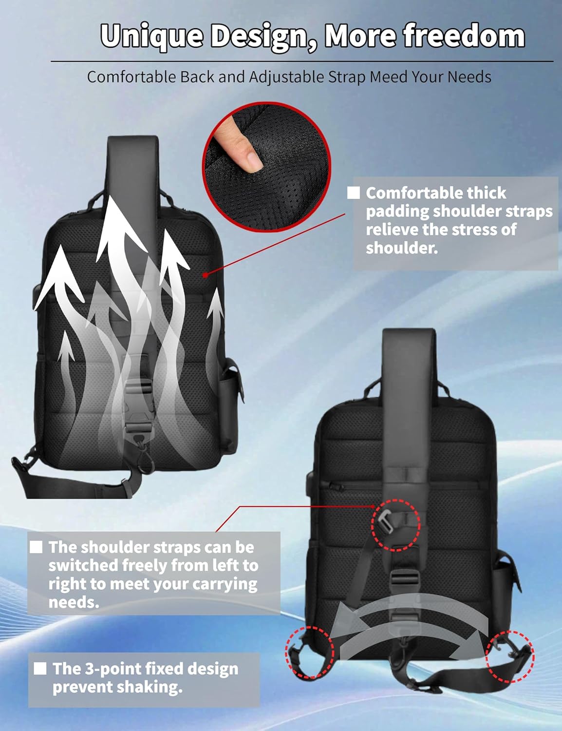 BASICPOWER Laptop Sling Bag for Men Women, Sling Backpack Crossbody Bag Fits 14 inch Computer with USB Port Anti-theft