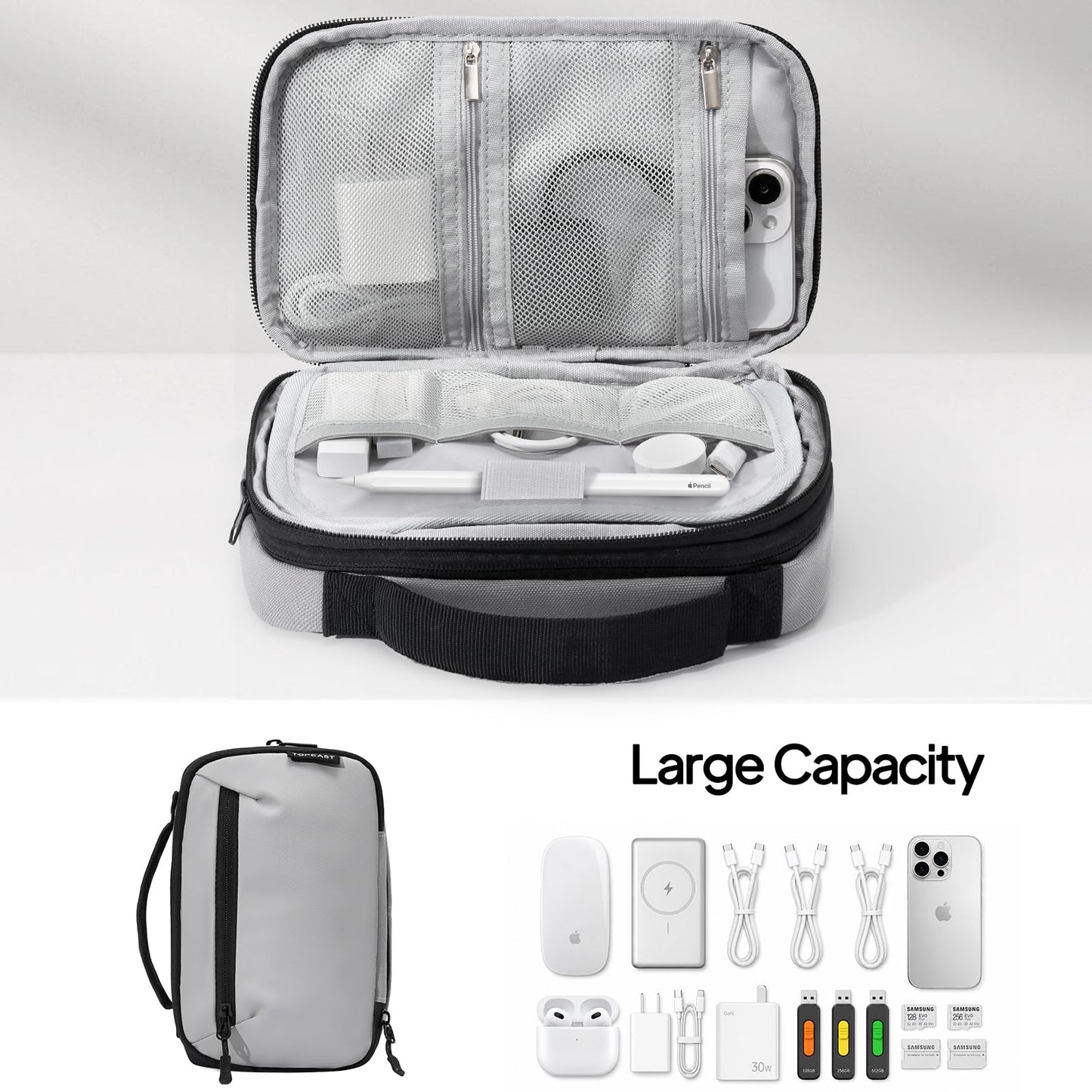 TOPEAST Expandable Cable Organizer Bag, Large Capacity Tech Pouch Electronics Travel Organizer