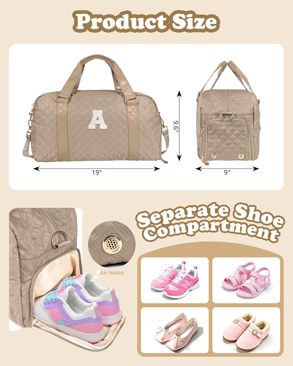 Initial Duffle Bag for Travel Women Girls Gift: Personalized Weekender bags, Dance Cheer bag Sports for Girl, Kid Gymnastics Bags, Birthday Gifts for Women Girls Kids Teens Mom Teacher