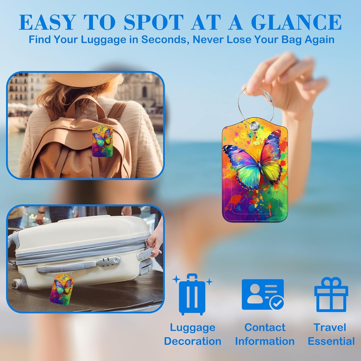 2 Pcs Luggage Tags for Suitcases, Colorful Butterfly Leather Bag Tags for Luggage Privacy Cover Name ID Label with Stainless Steel Loop Cruise Airport Travel Essentials