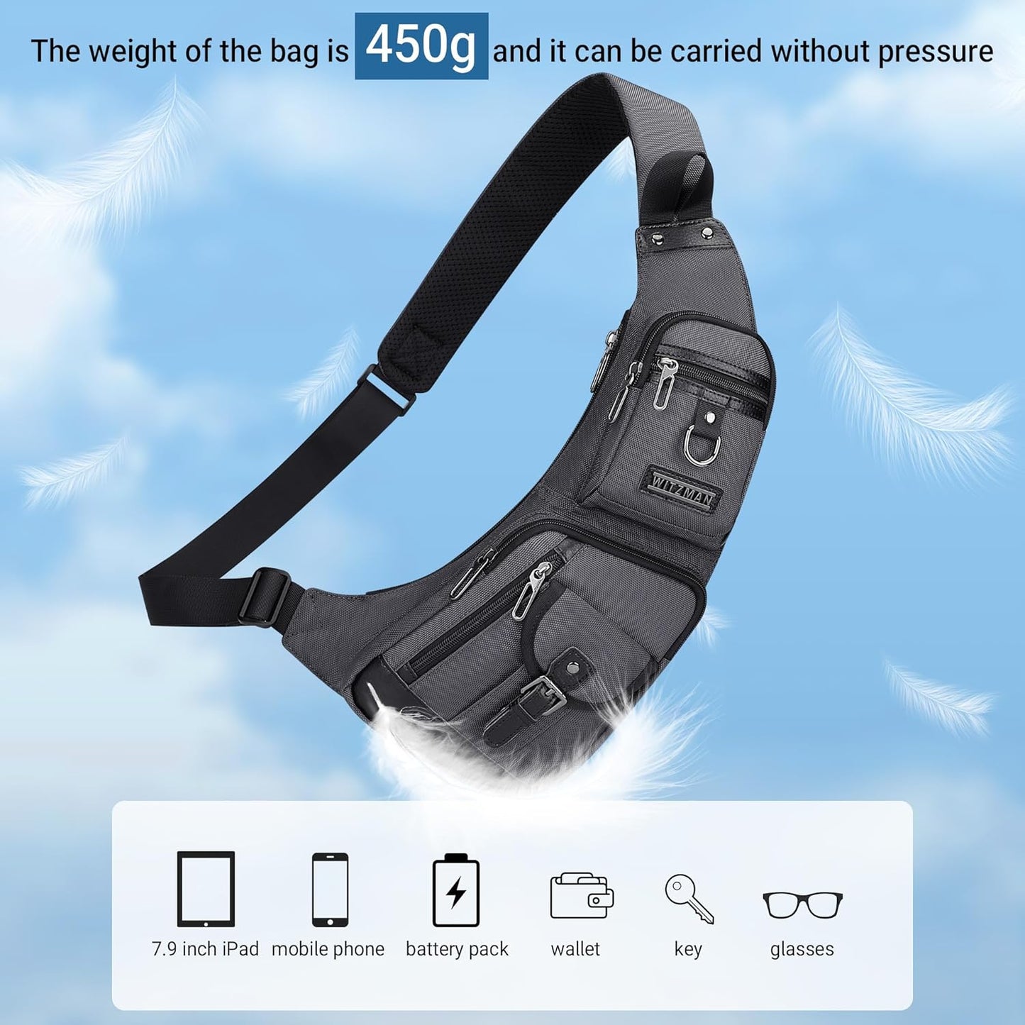 WITZMAN Sling Bag for Men Crossbody Bags Travel Slim Chest Bag One Strap Lightweight Casual Daypack