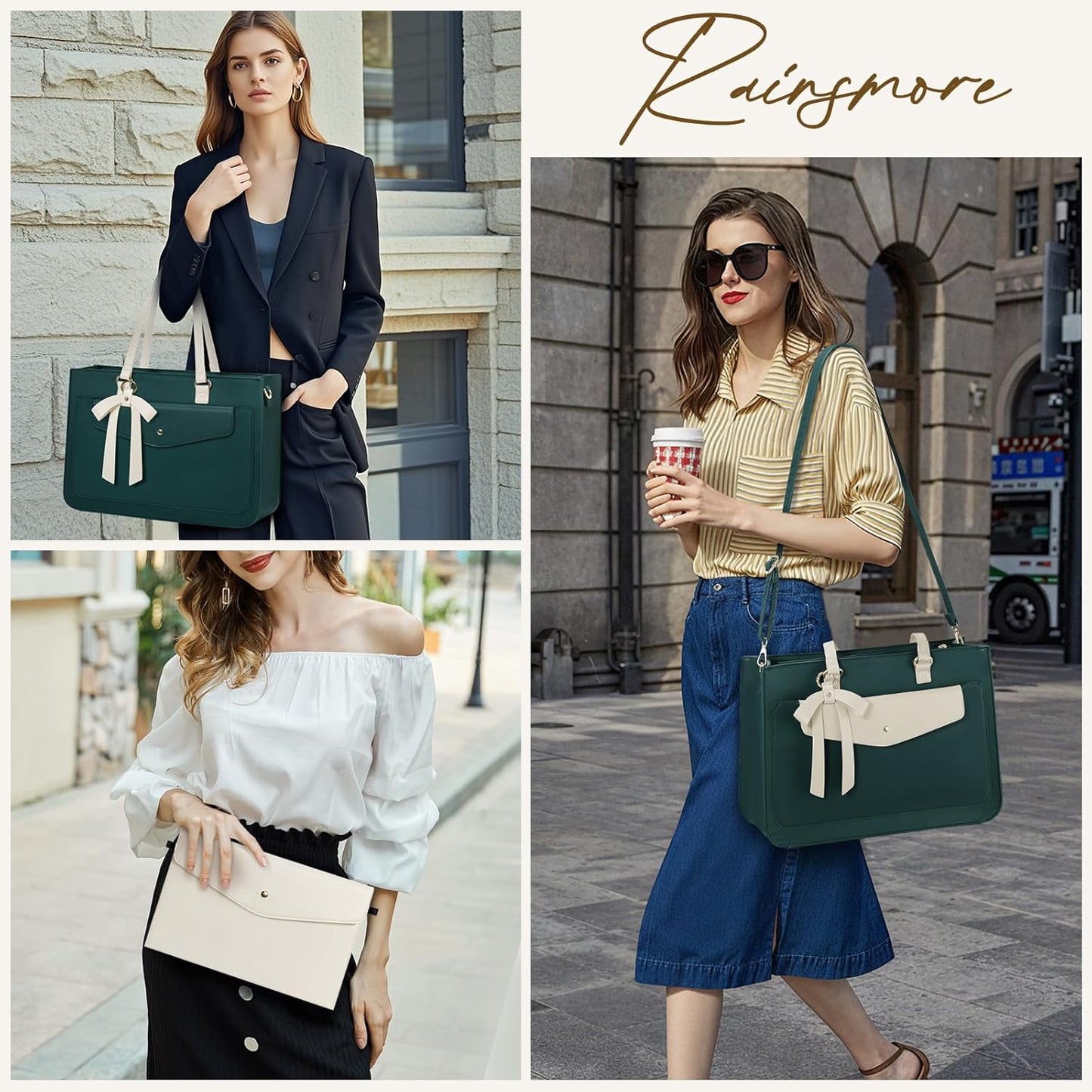 RAINSMORE Laptop Bag for Women 15.6 Inch Work Tote Bags Leather Laptop Tote Waterproof Computer Bag Professional Office Briefcase Large Handbag for College Teacher Travel, Beige and Green