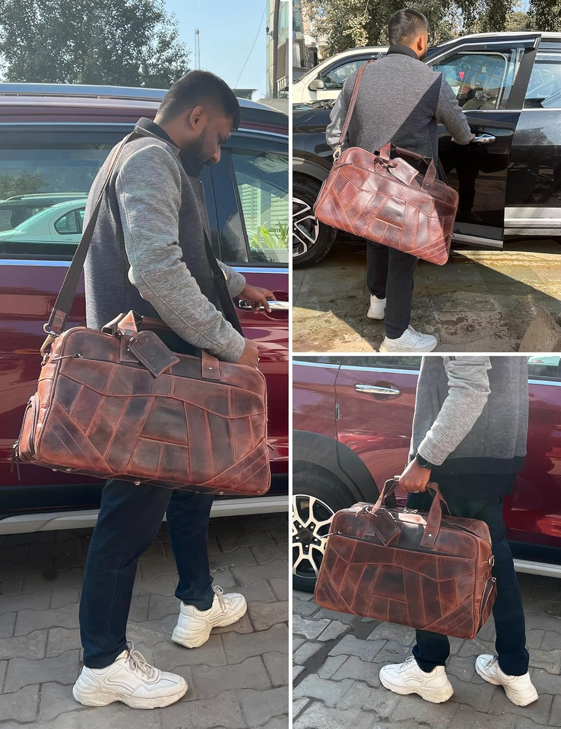Leather Duffle Bag for Men - Travel Overnight Weekender Bag with 2 Shoe Compartment - Airplane Underseat Carry On Duffel Bag