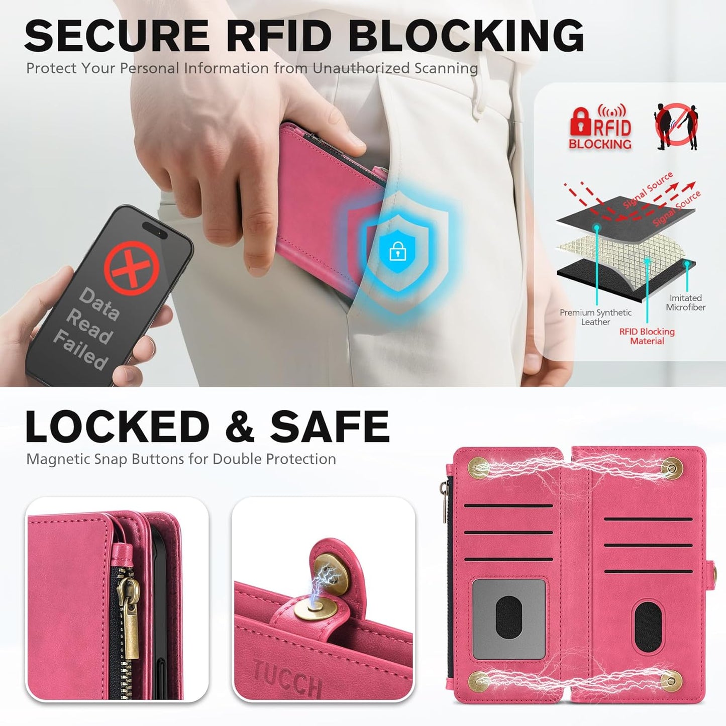 TUCCH Detachable Crossbody Case Wallet for iPhone 17 (6.3"), Wireless Charging | RFID Blocking 9 Card Holders | Lanyard | Wrist Strap | Stand | Zipper Pocket | PU Leather | Magnetic Cover | Hot Pink