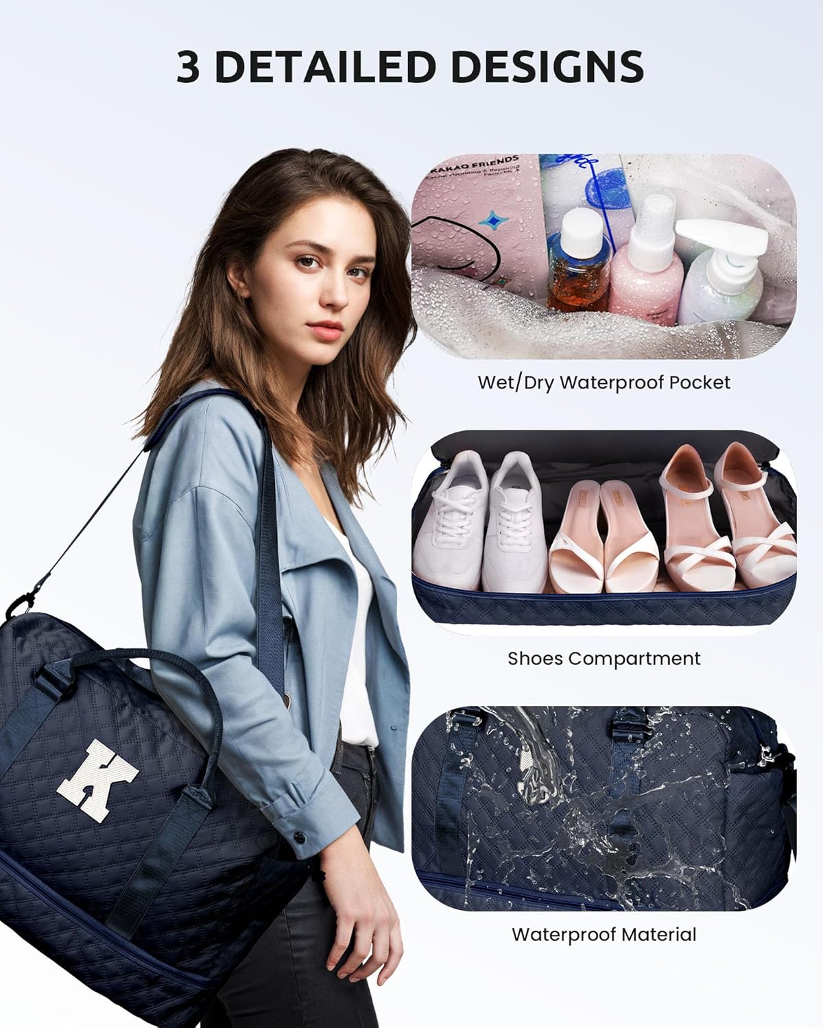 Gifts for Girls - Personalized Initial Duffle Bag with Shoe Compartment, Weekender Travel Bag, Makeup Bag, Navy Blue, 12x7x2 inches