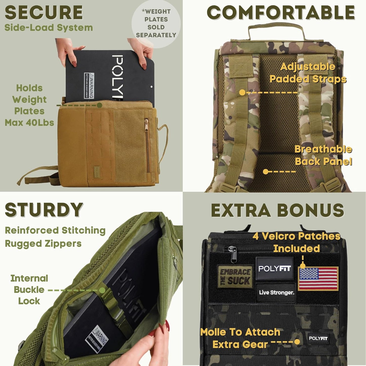 Polyfit Rucking Backpack 2.0 - Weighted Ruck Pack for Weight Plates - Patent Pending Side-Loading Rucksack for Walking, Running, Rucking, Strength and Endurance Training - Black
