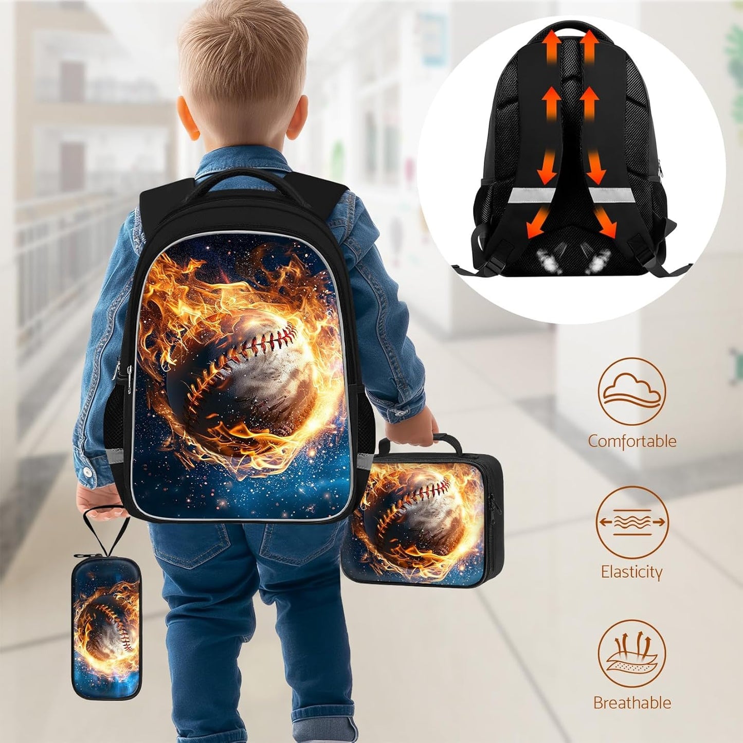 School Backpack for Boys - 4pcs Baseball Boys Backpack with Lunch Box Set for Kids Children Teens