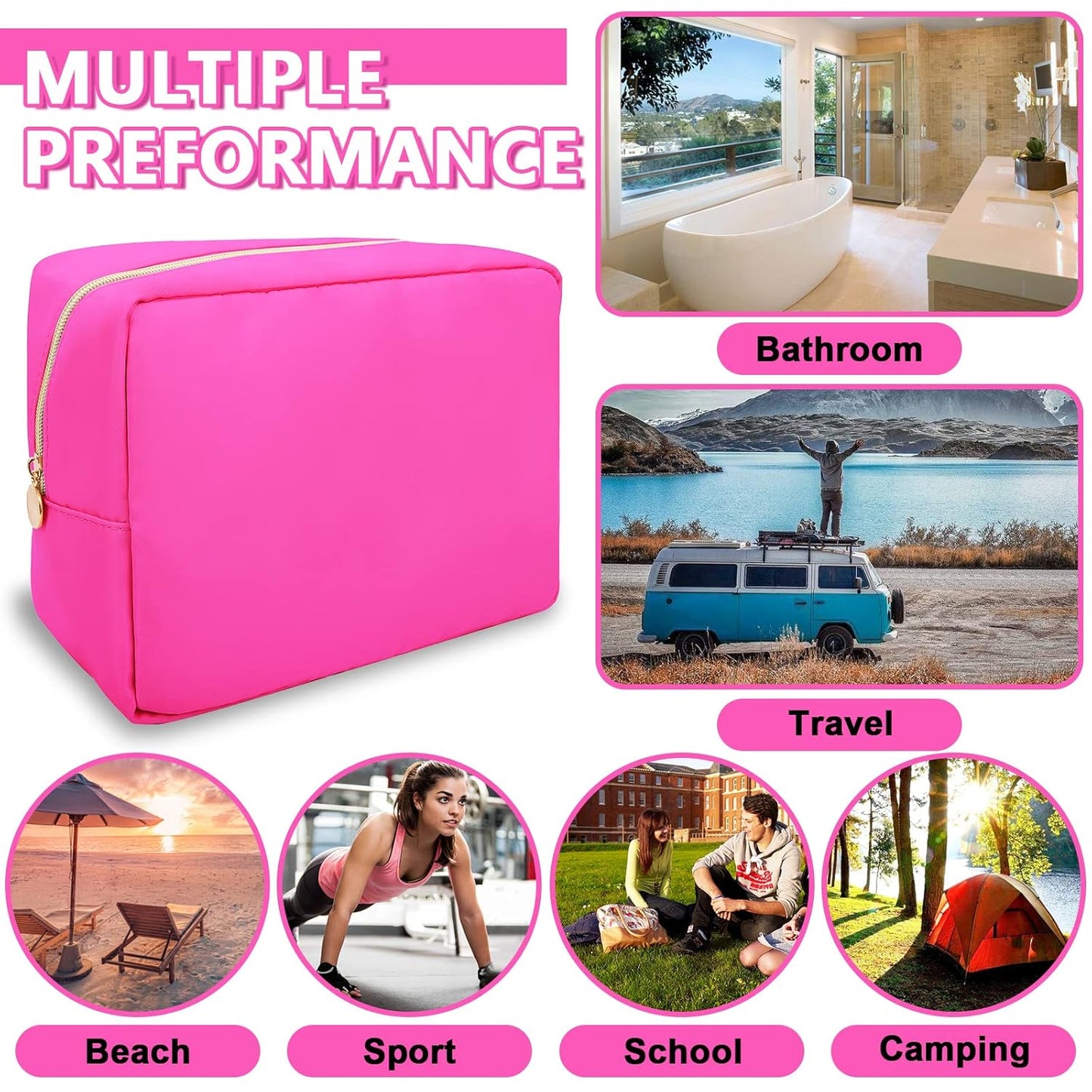 Large Makeup Bag Pouch,Nylon Women Travel Toiletry Storage Bag Preppy Cosmetic Bag for Girls,Big