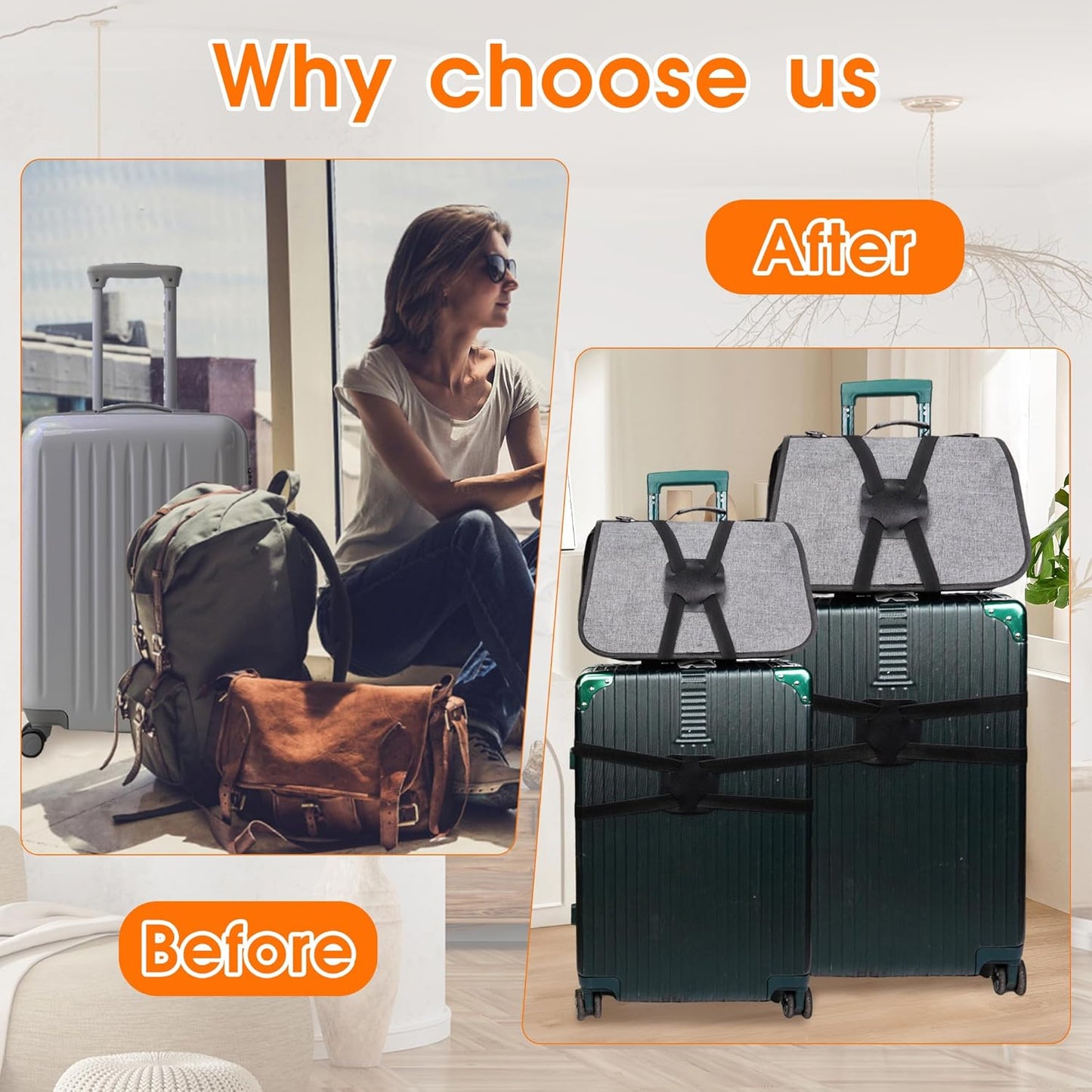 Elastic Luggage Strap with Hooks, The Perfect Travel Must-Have Suitcases Companion, Ultimate Luggage Straps for Suitcases,Travel Must-Have for All Adventurers, Stretchable Luggage Straps(1Black)