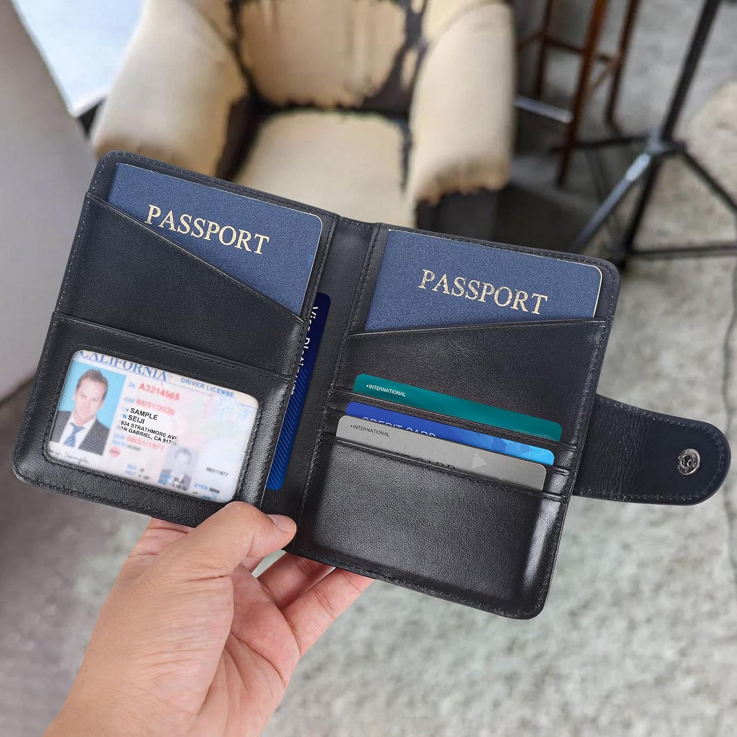 Polare Napa Leather Slim and Soft RFID Blocking wallet For Men Snap Bifold Travel Wallet Passport Holders 2 Passports (Black with AirTag Slot)