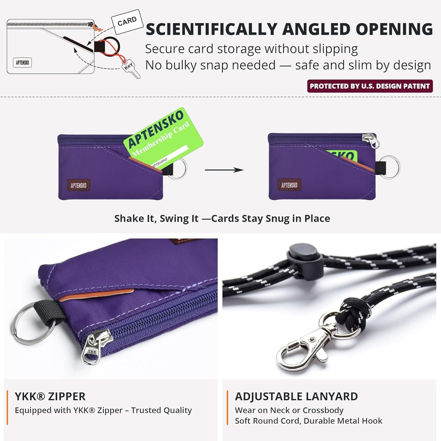 RFID Travel Wallet with Adjustable Lanyard-Zipper Small Wallet with ID Card Holder, Keychain for women&men-Minimalist Slim Waterproof Nylon case for ID, Cash, Key (Deep Purple)