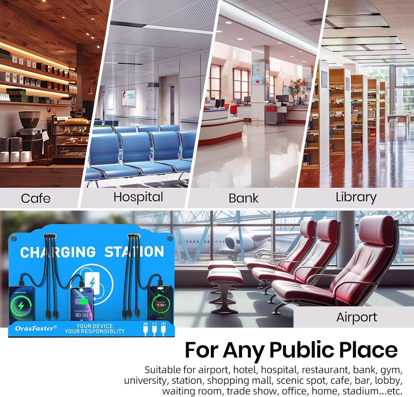Wall Mounted Cell Phone Charging Station | Multi-Device Station with 8 Port Charging Dock | Application for Library, Hotel,Office,Hotels, Hospitals