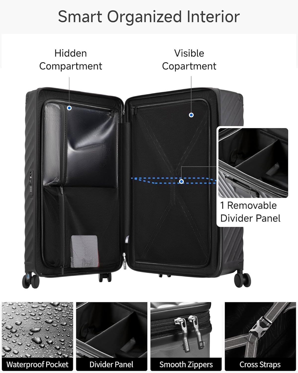Trunk Luggage, Expandable PC Hard Shell Medium Checked 24 Inch Suitcase with Shock - Absorbing Wheels & TSA Lock, Black, 72L - 80L