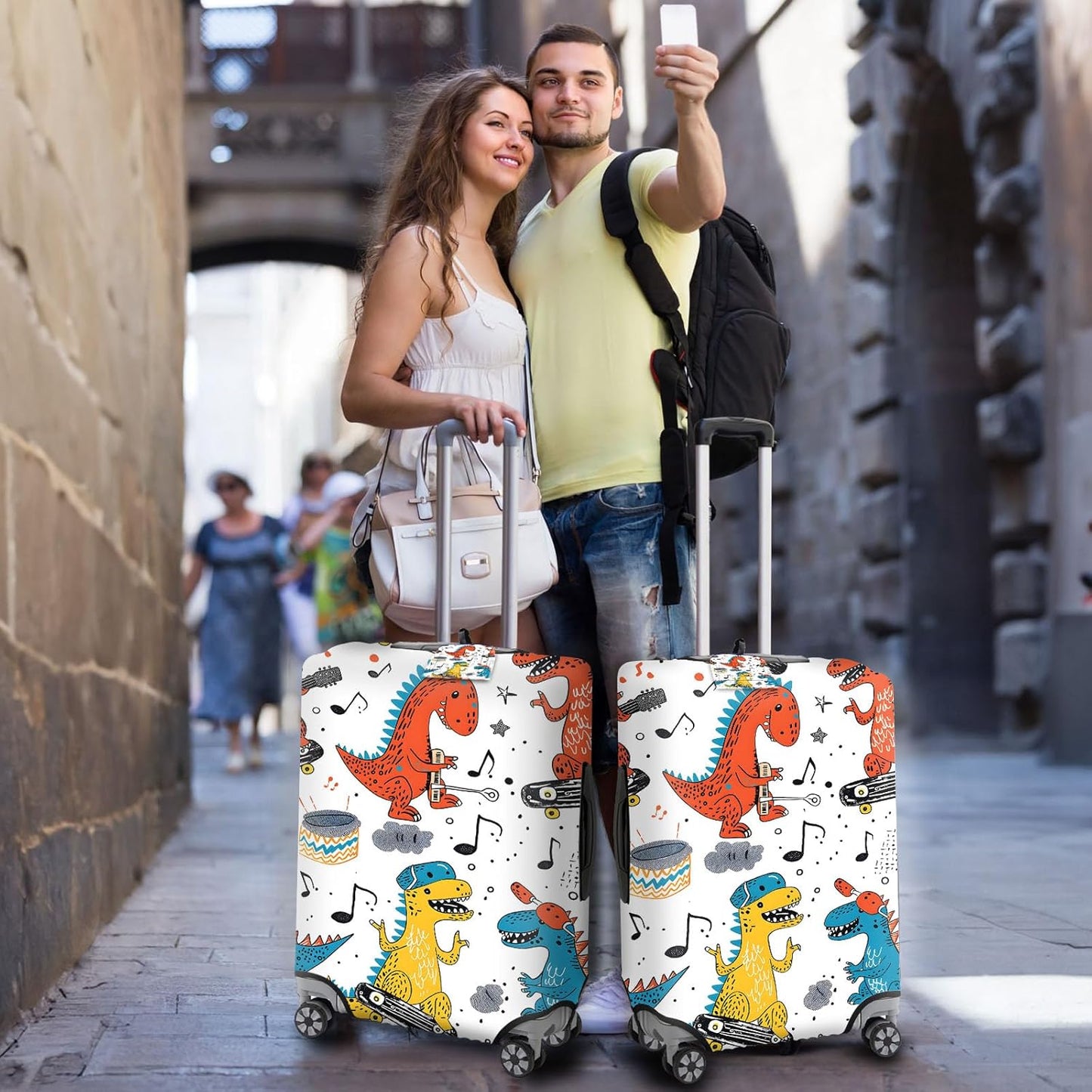 Travel Accessory - Cartoon Colorful Dinosaur Suitcase Cover Set, Zipper Close, Waterproof, Animal Print, 4 Spinner Wheels, Stretchable Strap, S (18-20 inch)