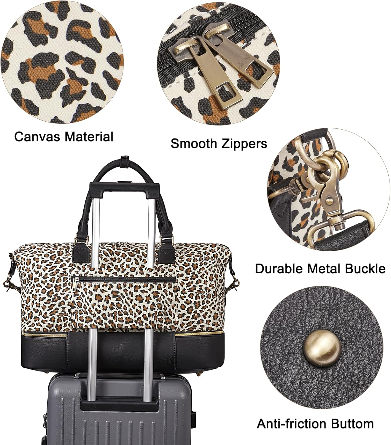 CLUCI Weekender Bag for Women Canvas Large Overnight Travel Duffel Bag with Shoe Compartment Leopard Pattern with Black