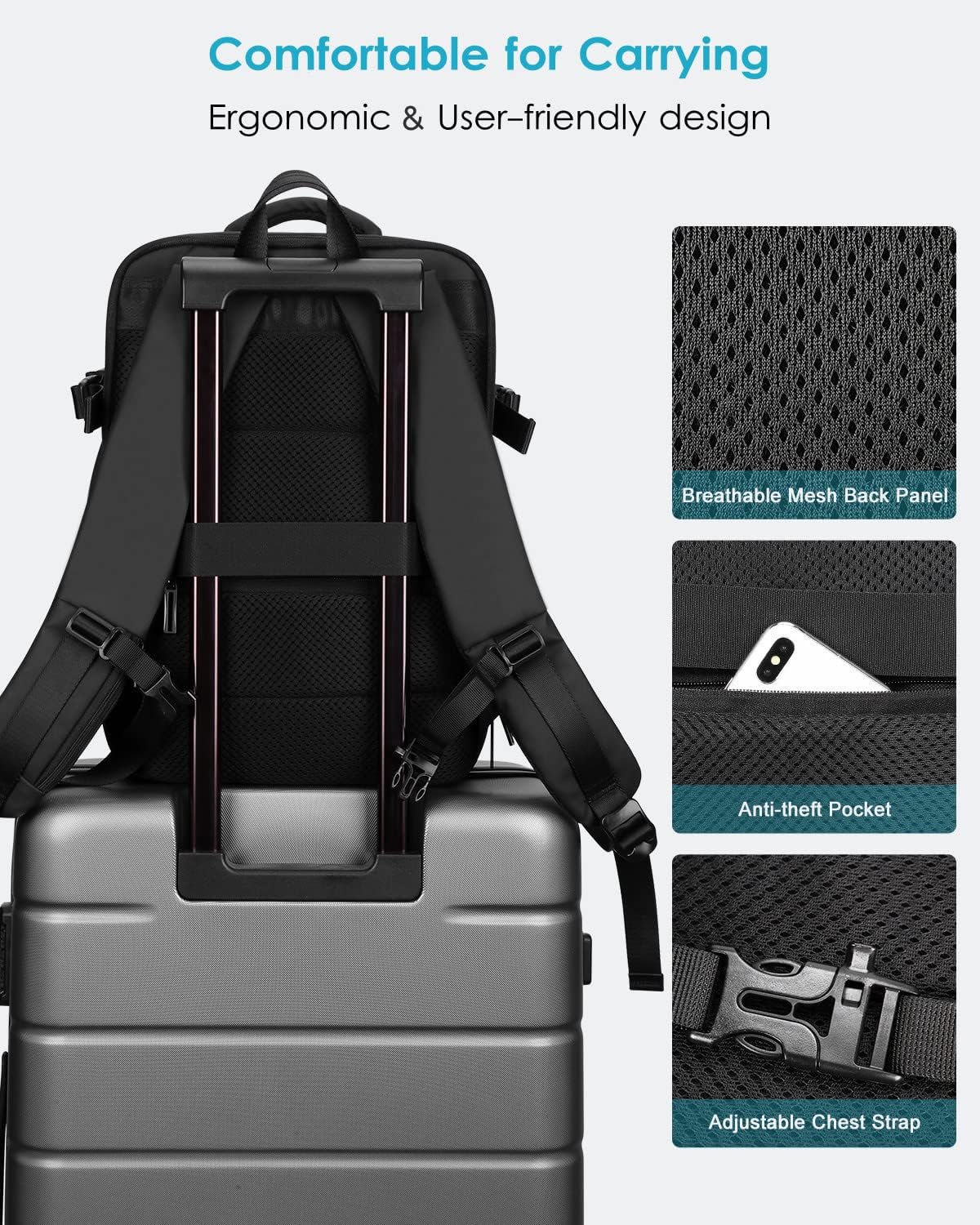 HOMIEE 40L Travel Backpack TSA Approved Personal Item Bag Carry on Luggage 18x14x8 Expandable Laptop Backpack for Men Women, Black