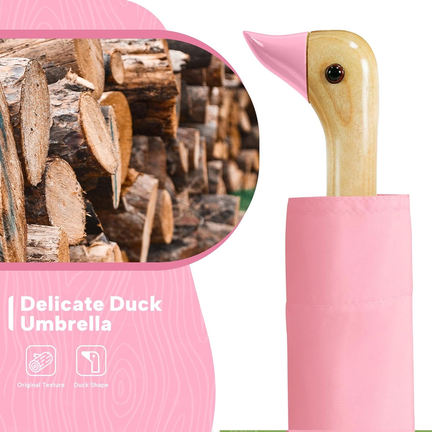 LEAGERA Compact Small Umbrellas for Rain&Sun, Cute Design Duck Head Umbrella for Girls Gifts, 8 Ribs Folding Umbrella with Wooden Handle