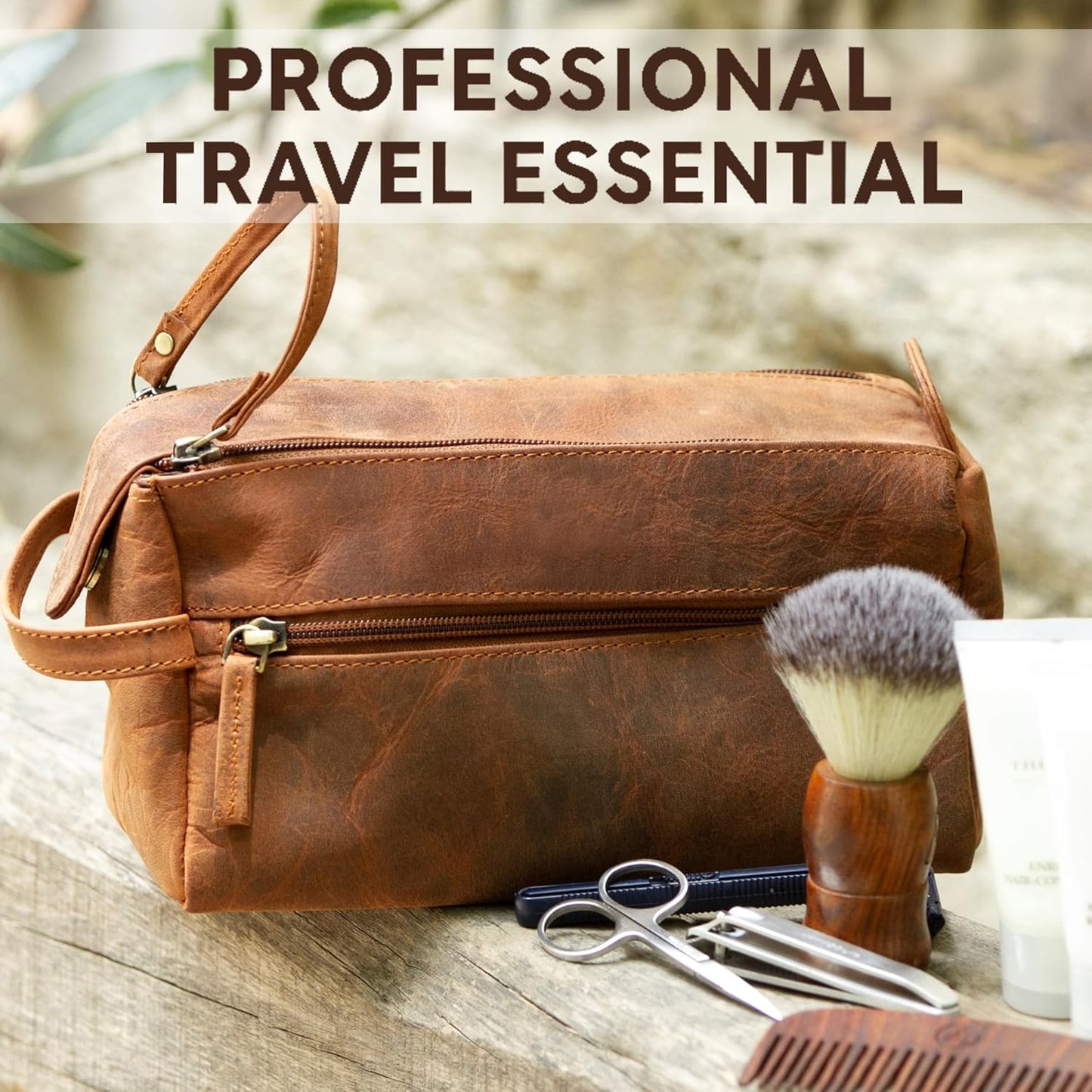 RUSTIC TOWN Buffalo Leather Toiletry Bag : Vintage Travel Shaving & Ditty Kit : for Toiletries, Cosmetics & More : Spacious Interior & Waterproof Lining : Compact, Fits Easily in Luggage
