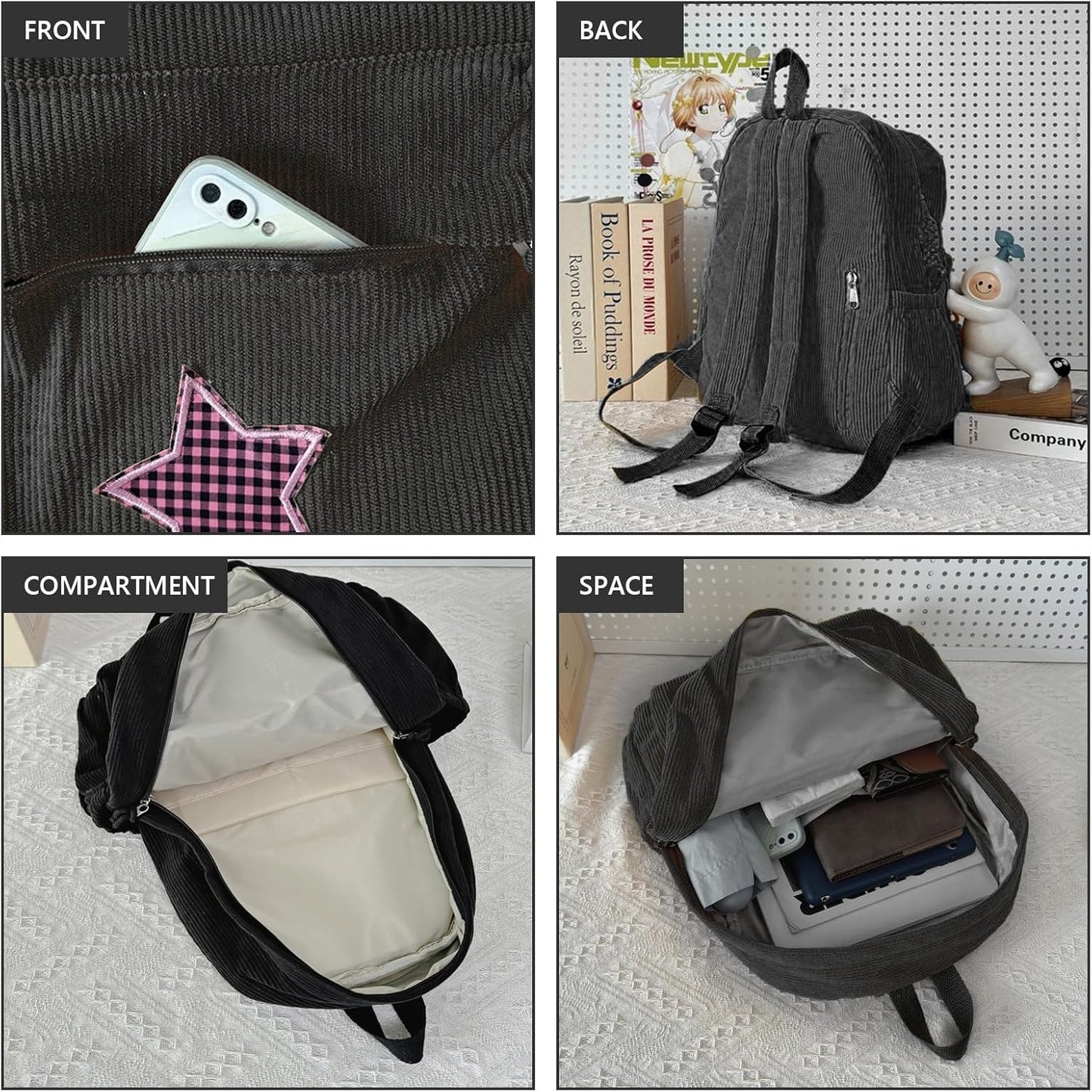 Corduroy Backpack with Star Pattern, Trendy and Versatile, Fits 14'' Laptop Large Capacity Daily Commute (Black)