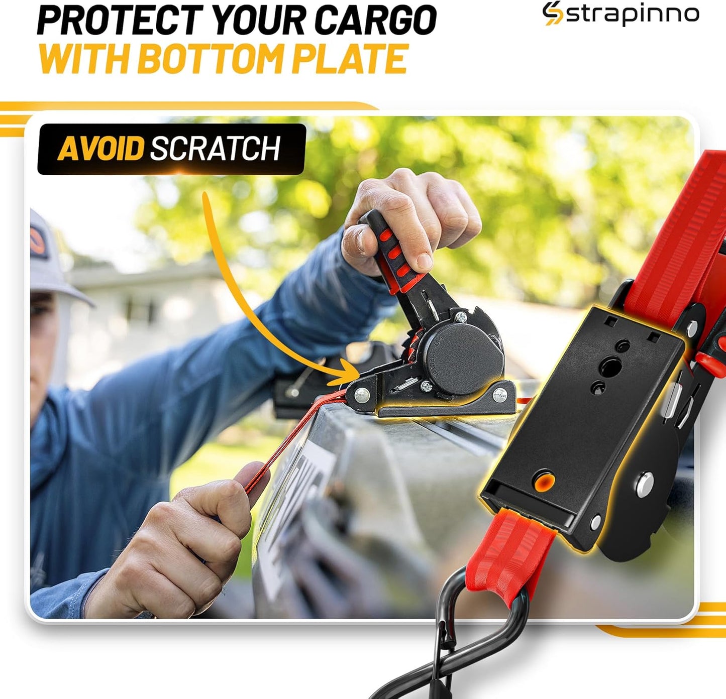Strapinno Retractable Ratchet Straps 1 in x 10 ft, Secure Tie-Downs with Rubber-Coated Steel Handles, for Motorcycle, Jetski, Kayak, Breaking Strength 1,500LBS/680KG (Red Strap, Black Coated)