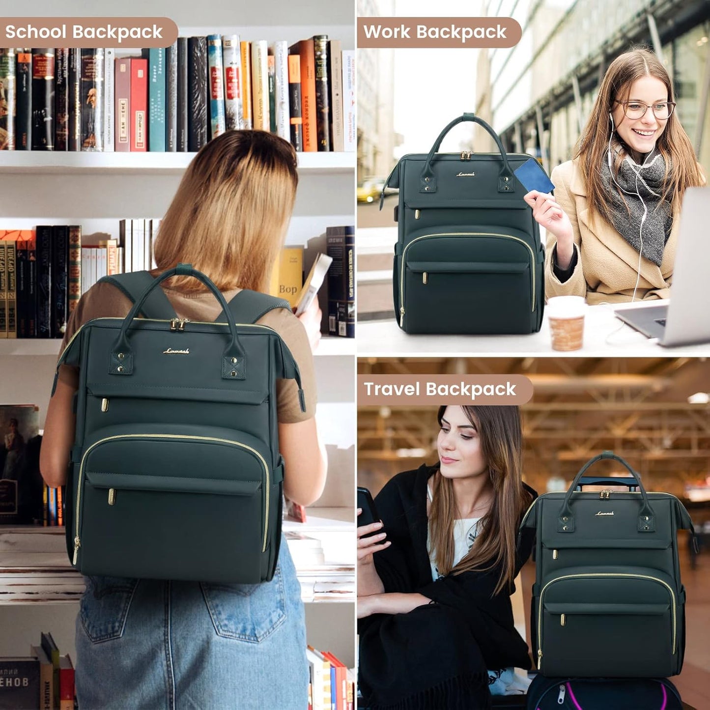 LOVEVOOK Leather Laptop Backpack for Women 18 inch,Travel Backpack Purse Nurse Teacher Backpack Computer Laptop Bag,Professional College Business Work Bag Carry On Backpack with USB Port,Dark Green