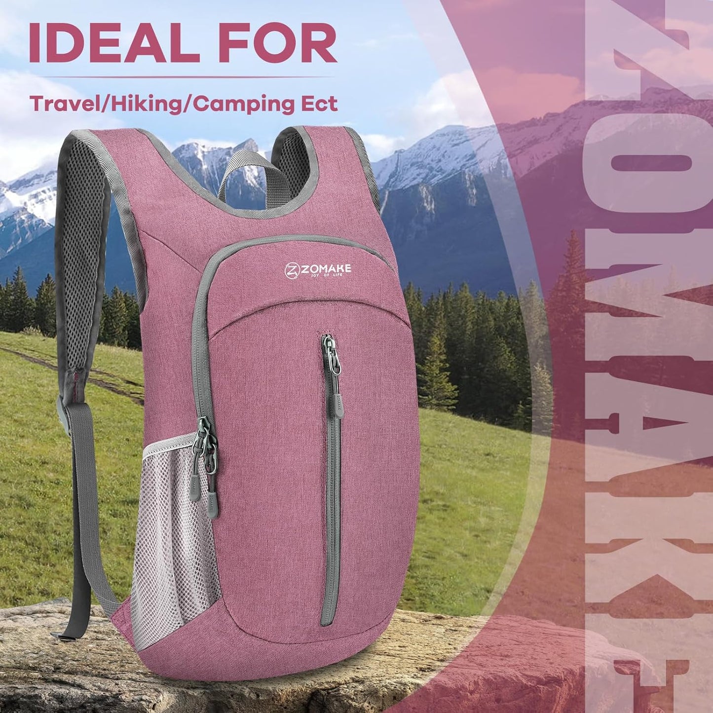 ZOMAKE 10L Ultra Lightweight Packable Backpack, Small Daypack Light Foldable Backpacks Water Resistant Day Bag for Hiking(Pink)