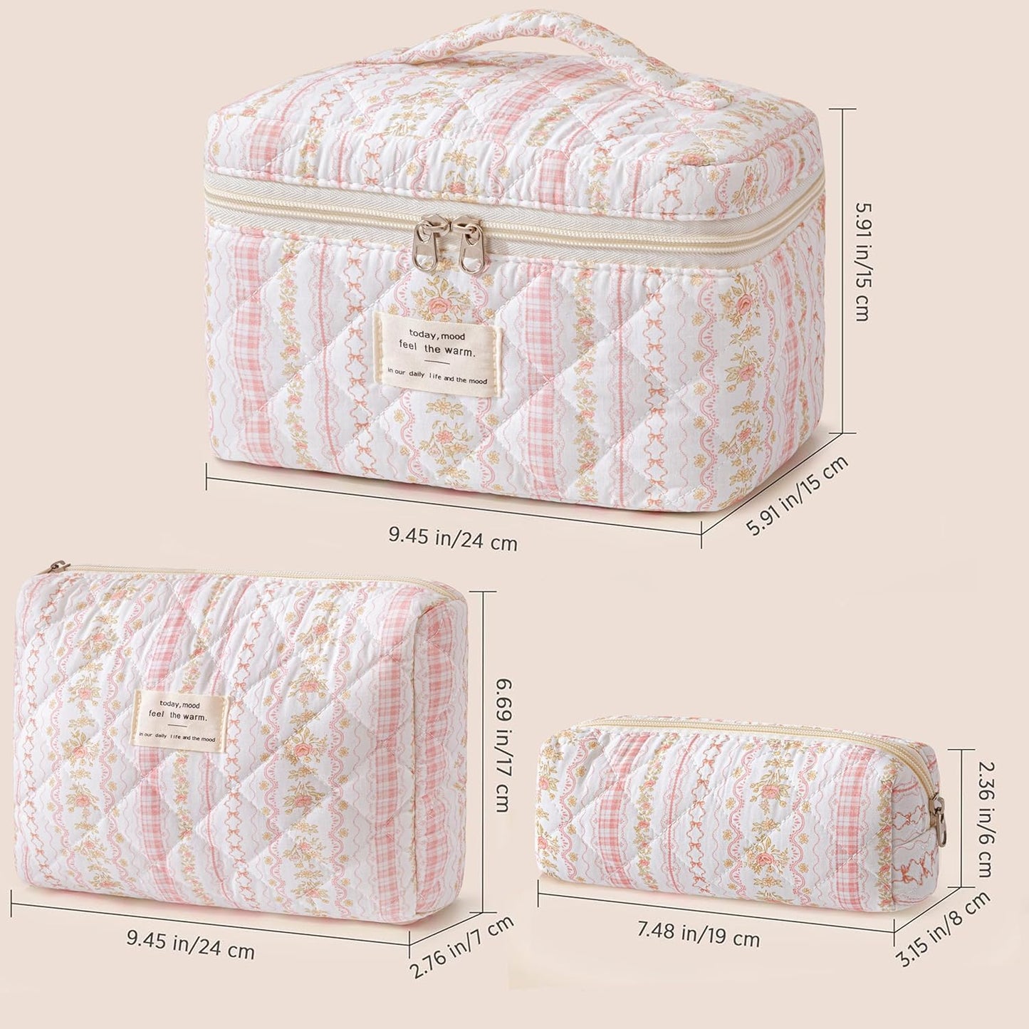 HBselect Quilted Makeup Bag, 3PCS Cotton Large Travel Makeup Bag, Cute Floral Coquette Make up Bag Cosmetic Bag Toiletry Bag for Women Girls