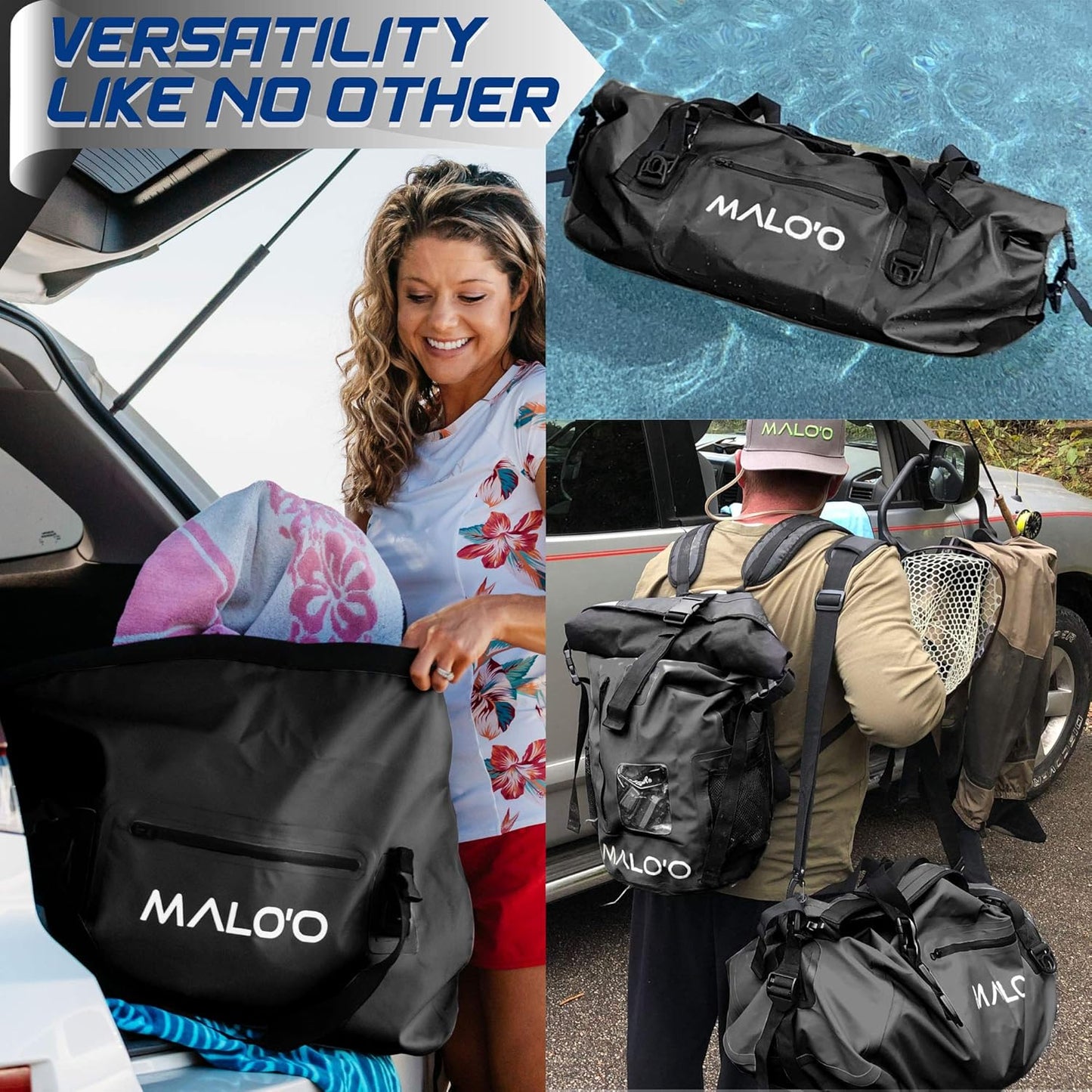 Malo’o Waterproof Dry Duffel, Heavy-Duty Roll Top Waterproof Gear Bag with Shoulder Strap & Molle Loops, Marine Duffel for Kayaking, Boating, Camping, Beach & Travel, Black, 60L