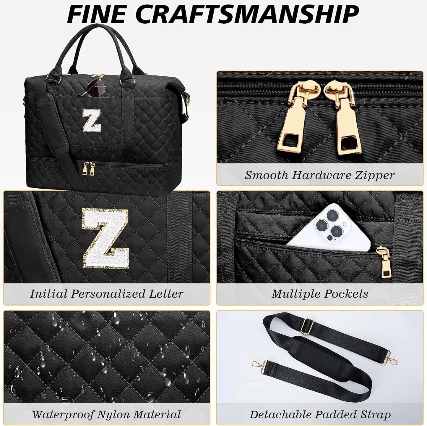 Gifts for Women Birthday Christmas Initial Travel Duffle Bag Quilted Weekender Bags Carry-On Overnight with Cosmetic Bag, Gym Bag with Shoe Compartment Hospital Bag for Women Labor Delivery, Black Z