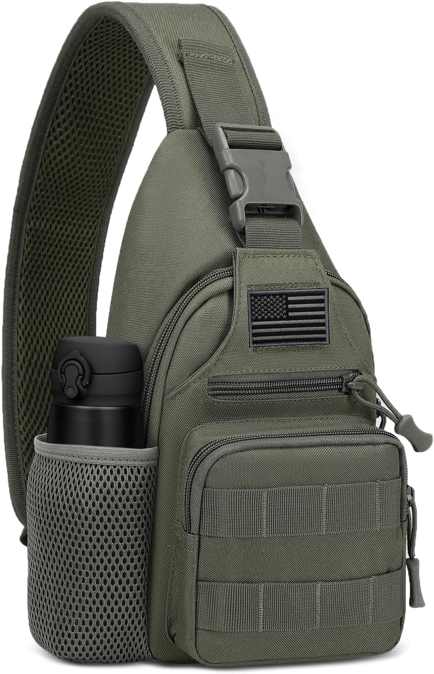 ZHIERNA Tactical Sling Crossbody Backpack with Water Bottle Holder, MOLLE EDC Shoulder Sling Chest Bags with USB Charging Port for Travel Walk(Grey Green)