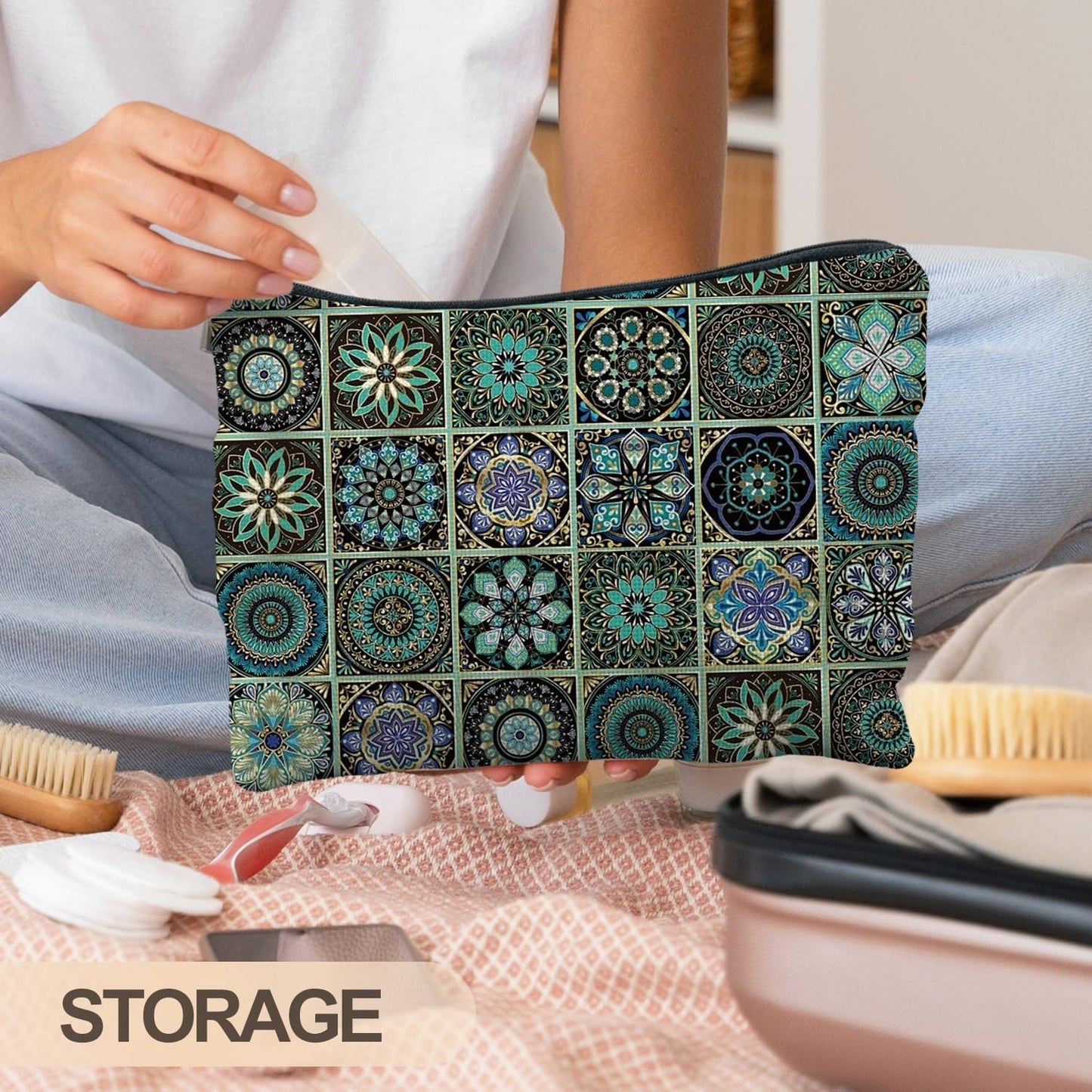 Vintage Boho Mandala Floral Makeup Bag, Ethnic Moroccan Mexican Talavera Tile Cosmetic Bags for Women, Mexican Gifts for Women, Traditional Green Block Print Zipper Makeup Pouch