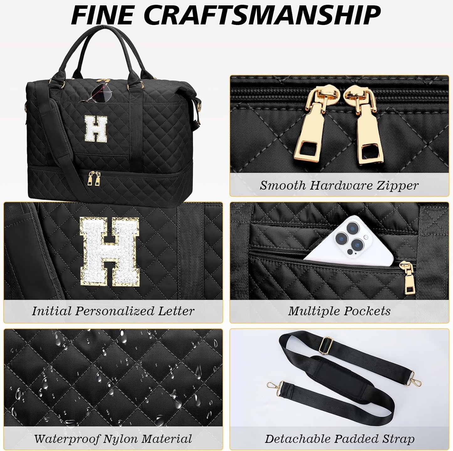 Gifts for Friend Women Girls Christmas Initial Travel Duffle Bag Quilted Weekender Bags Carry-On Overnight with Cosmetic Bag, Gym Bag with Shoe Compartment, Black H