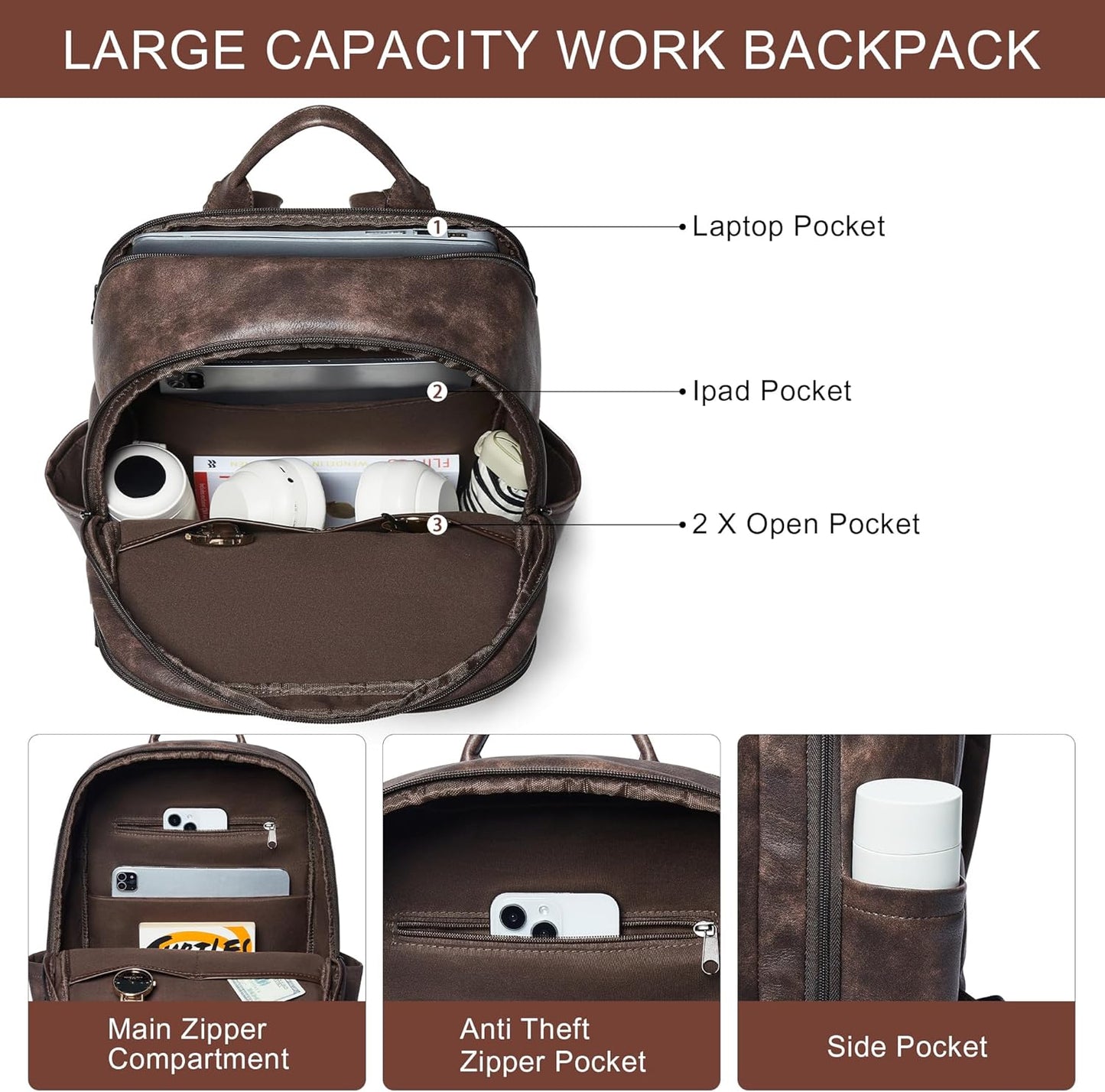 Leather Laptop Backpack for Women, Featuring a 15.6" Padded Laptop Compartment, Water Bottle Pocket and Trolley Sleeve, Ideal for Work, Travel, Everyday Use, and as a Thoughtful Gift