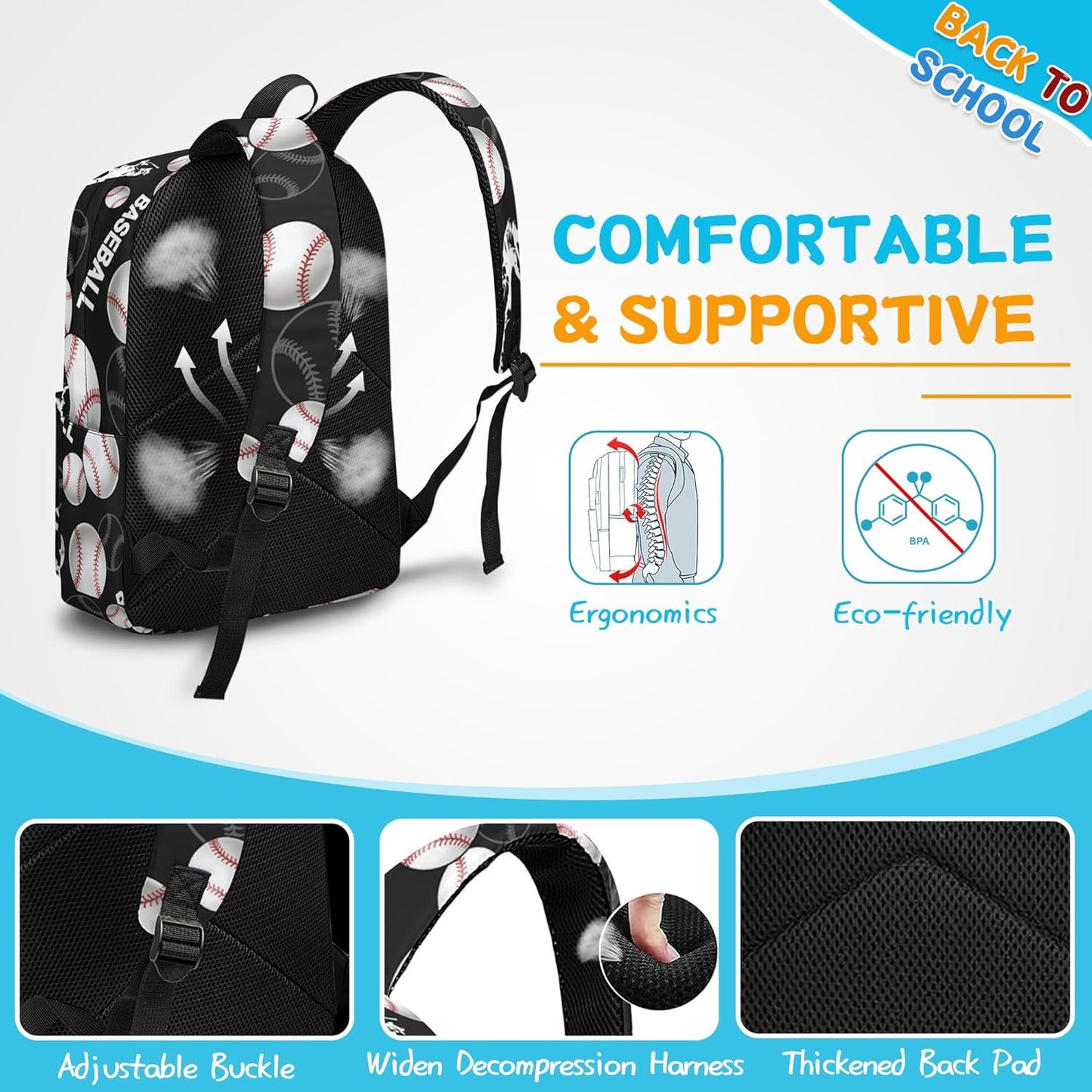 3PCS Baseball Backpack Set for Boys, Large Lightweight 17 Inch Backpack with Lunch Bag & Pencil Case for Kids, Back to School Cool Sports Bookbag for Elementary Middle School - Black