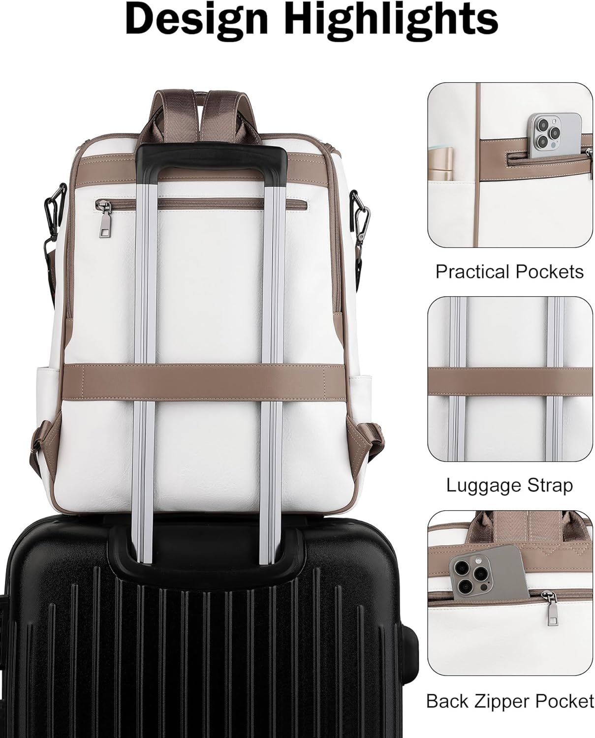 FADEON Laptop Backpack for Women Leather Travel Backpack with Laptop Compartment, Designer Ladies Computer Backpacks White