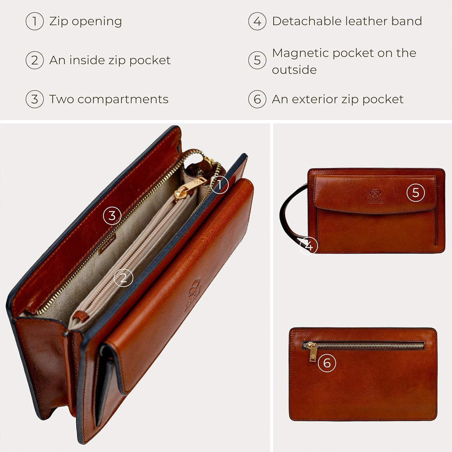 Time Resistance Leather Clutch for Men Organizer Wrist Bag Briefcase Handmade in Italy Gift Box Included