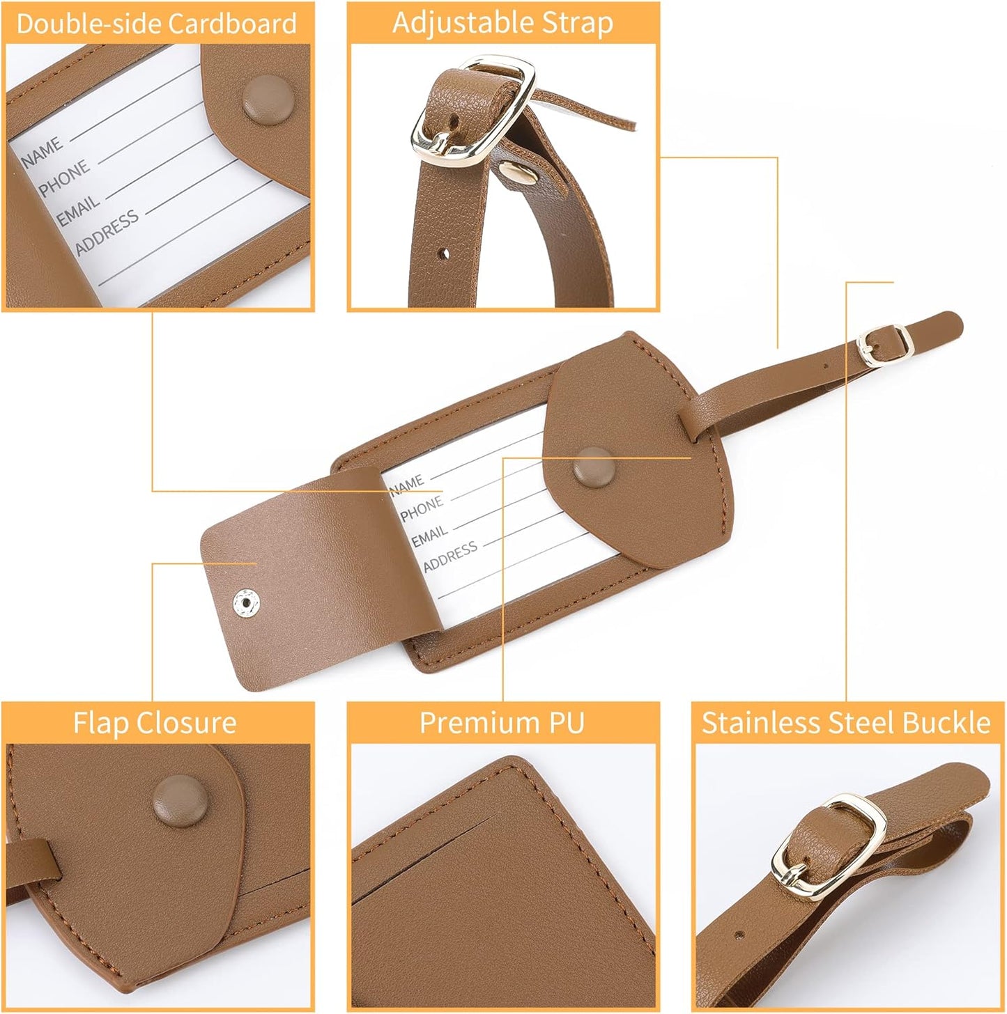 Kevancho Leather Smart Luggage Tags for Men Women, Suitcase Labels Baggage Tote Bag Tag ID Tags with Full Back Privacy Cover for Carnival Cruise Ships, Travel Accessories Tags Set of 2 PCS (Tan)