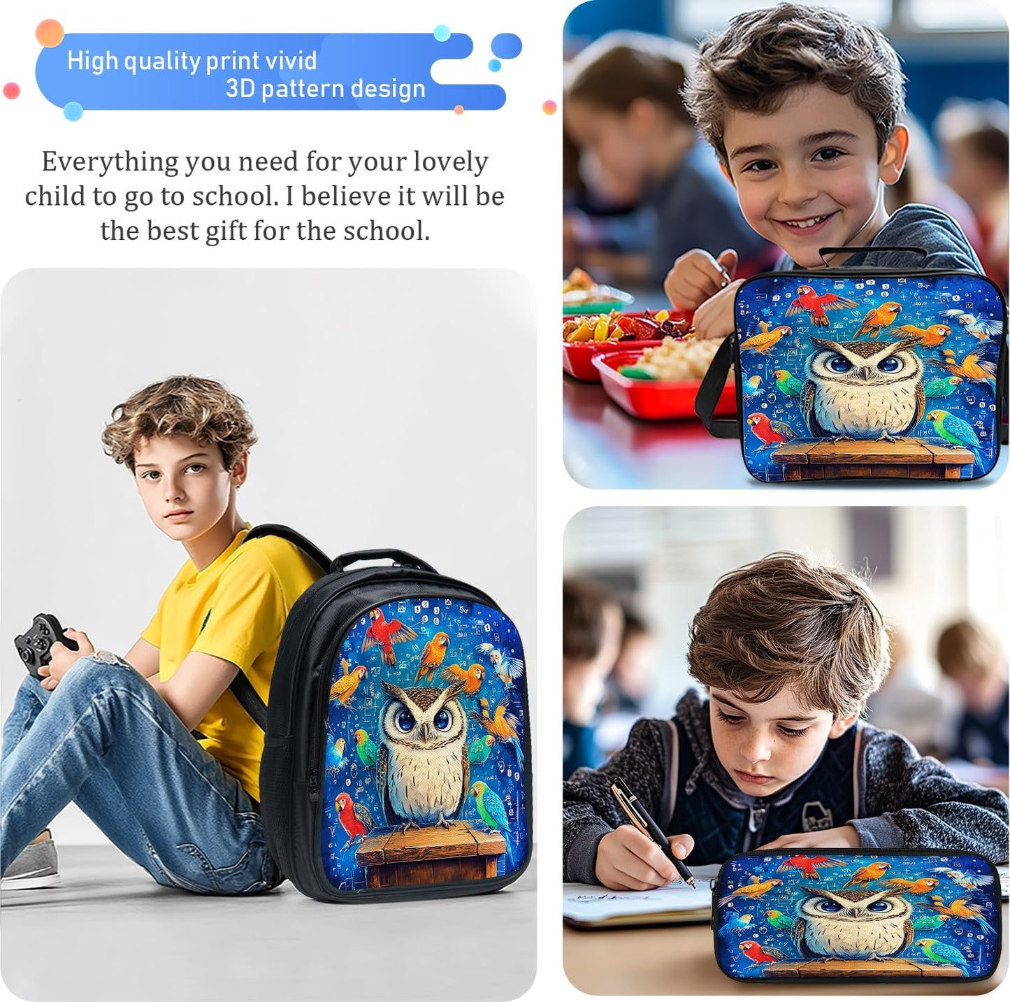 Owl Backpack School Bag 3PCS Backpack 16 Inch with Lunch Bag Set Lightweight for Teen Boys Girls Kids Elementary Middle School