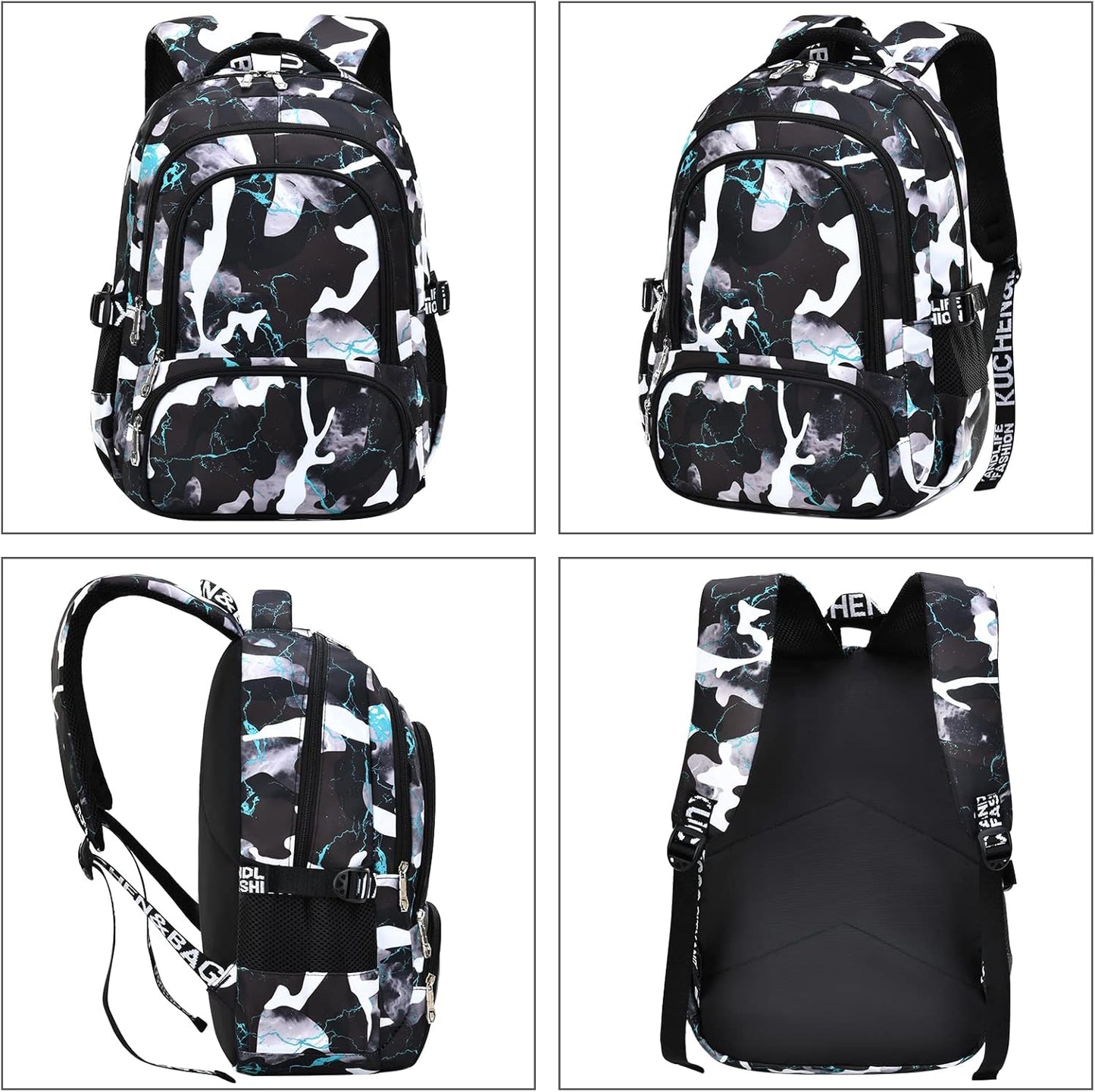 Camo Backpack for Kids, Lightweight Camo Backpack Elementary Middle School Backpack Water Repellent Bookbag (Camo Black Green 2 in 1)