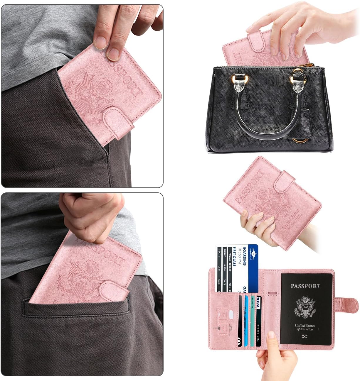 WALNEW Passport Holder for Travel, RFID Passport Cover Wallet for Women Men, PU Leather Passport Book Card Holder Case with Pen, Travelling Essentials for Flying