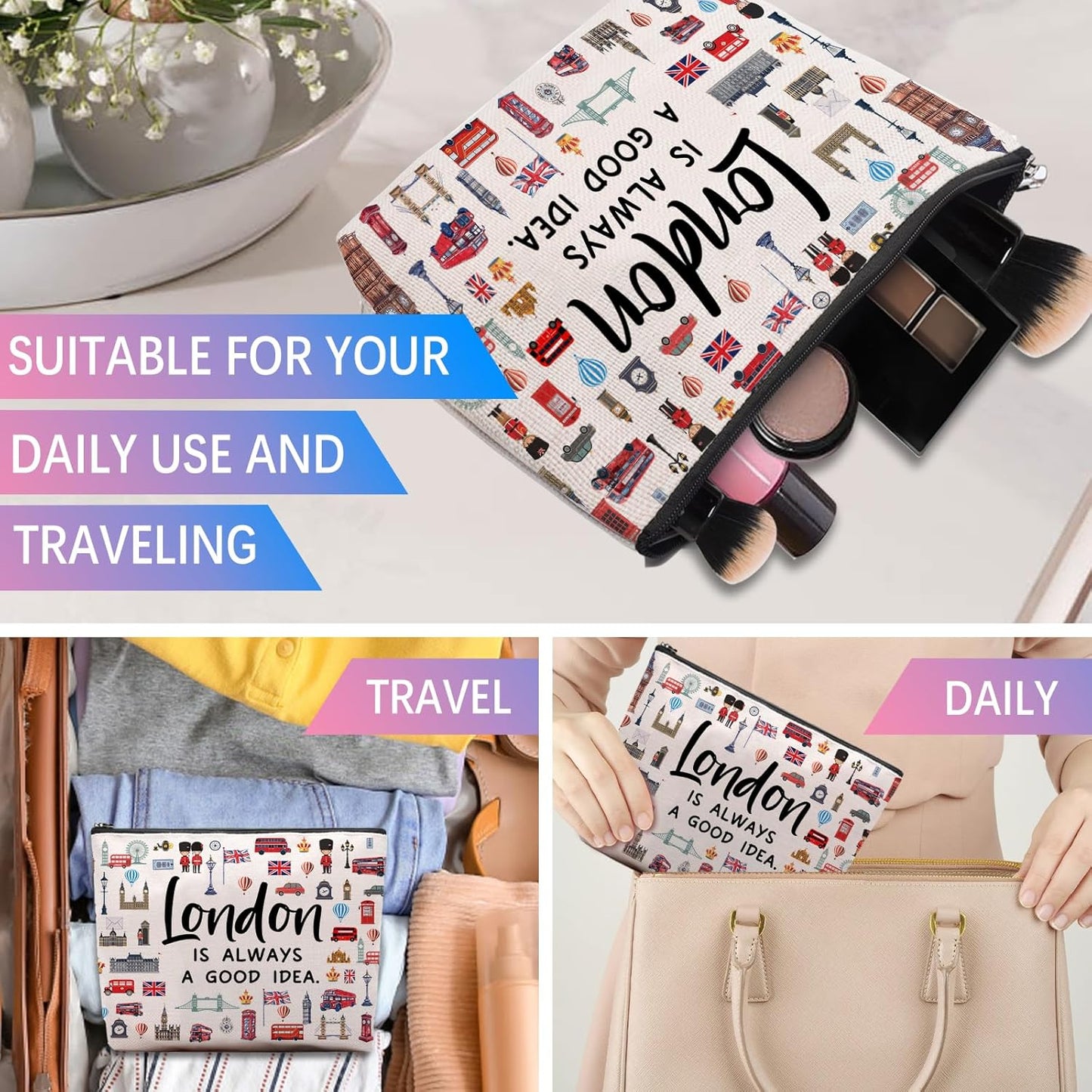 London Lover Souvenirs Gifts: Themed Travel Organizer for Women, Friends - Zipper Pouch Accessories Bag