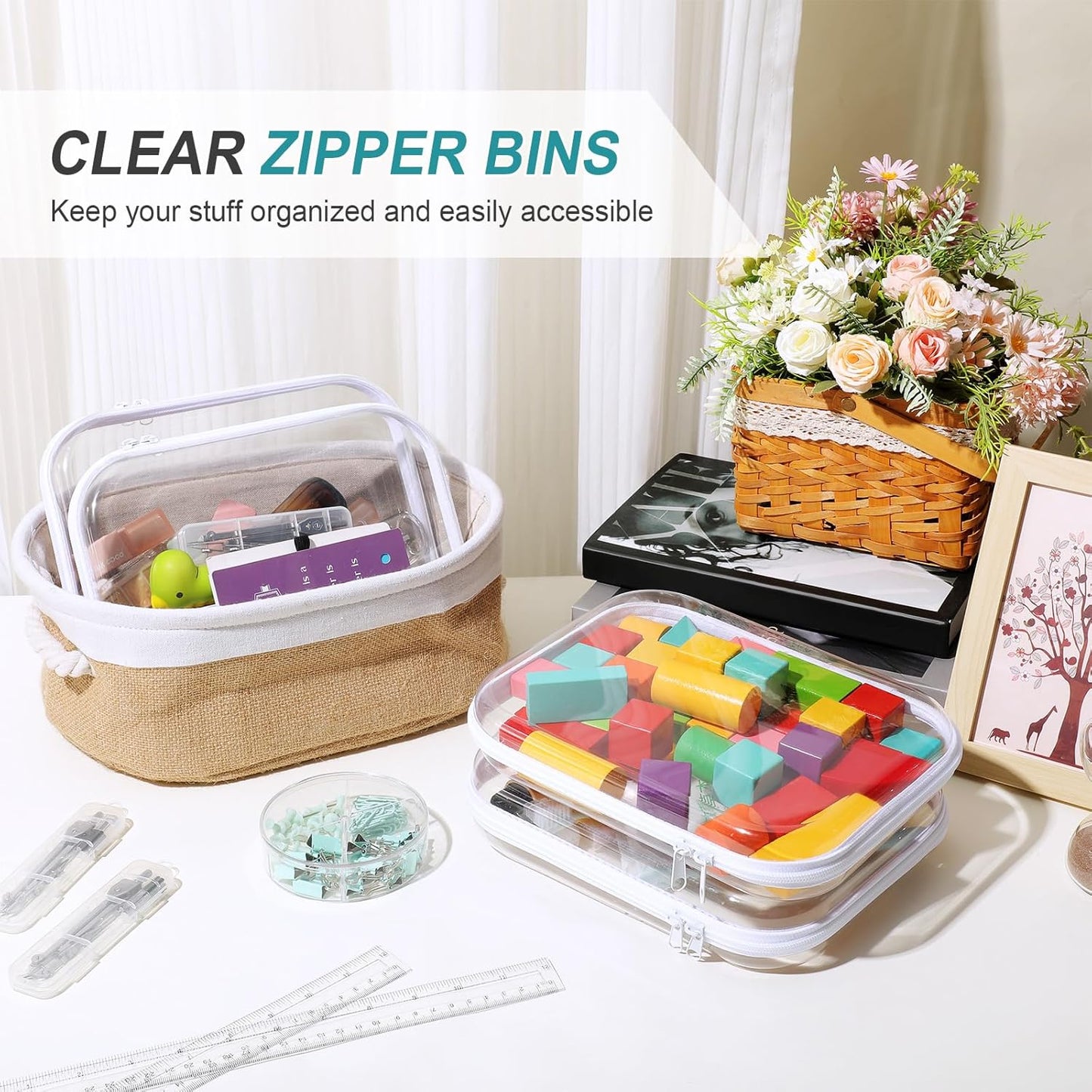 Hoolerry 4 Pcs Hard Clear Zipper Case Makeup Bags Plastic Pencil Pouch Transparent Storage Box Containers for Cosmetics, Snacks, Building Blocks, Puzzles(White,9.8 x 7.9 x 2 in)