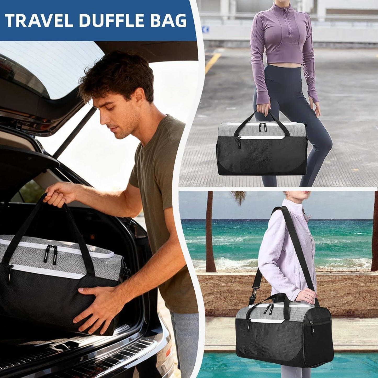 Foldable Duffle Bag for Travel, Collapsible Duffle Bag for Men, Carry On Duffel Bags for Airplanes, Black Gray