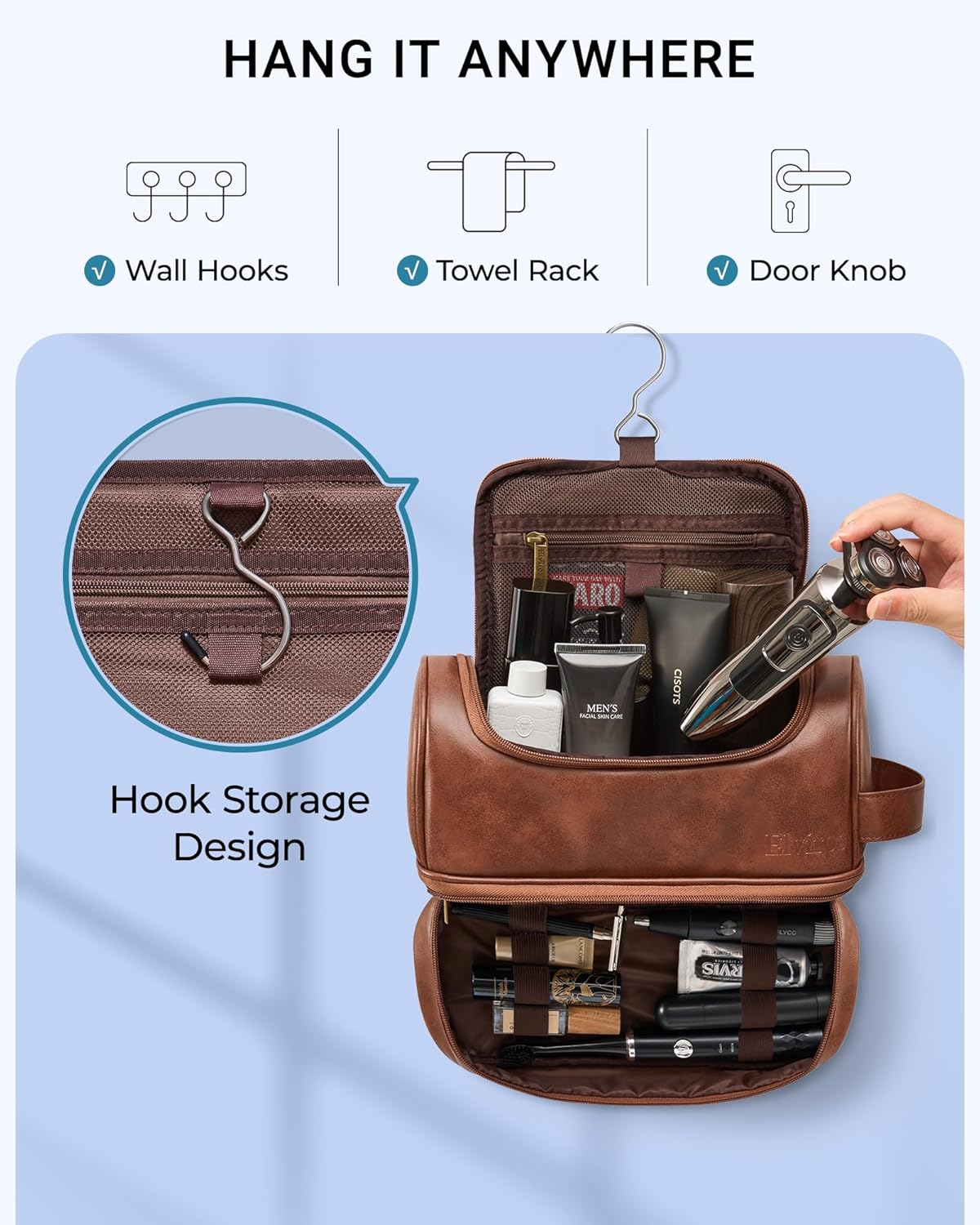 Elviros Toiletry Bag for Mens PU Leather Travel Organizer Kit with Hanging hook, Large Water-resistant Toiletries Bathroom Shaving Bags (Extra Large, Brown)