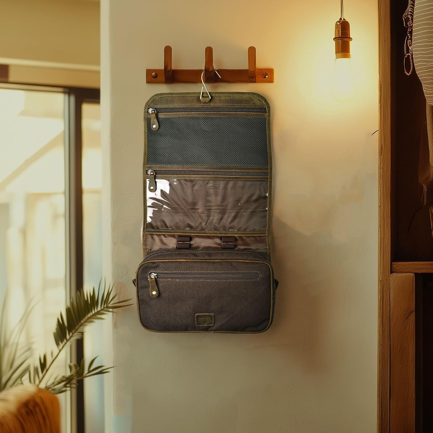 LEATHER VILLAGE Hanging Leather Toiletry Bag for Men & Women, Handcrafted Vintage Cosmetic & Shaving Organizer Travel Dopp Kit Shower Bag - Mud