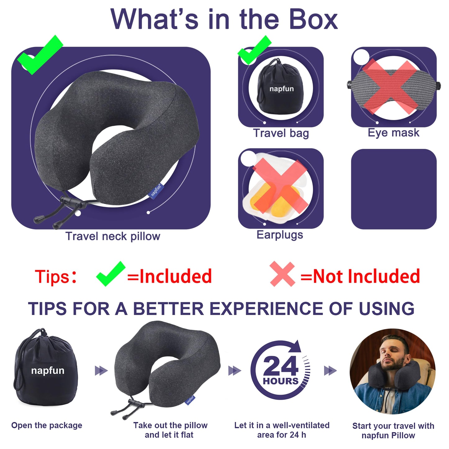 napfun Neck Pillow for Travel, Memory Foam Airplane Pillow, Full Black
