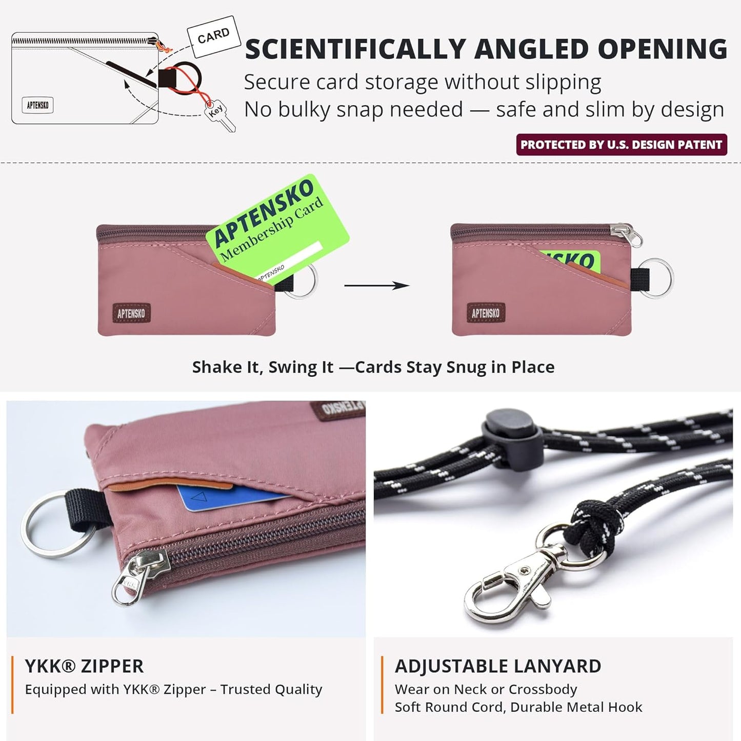 RFID Travel Wallet with Adjustable Lanyard-Zipper Small Wallet with ID Card Holder, Keychain for women&men-Minimalist Slim Waterproof Nylon case for ID, Cash, Key (Warm Mauve)