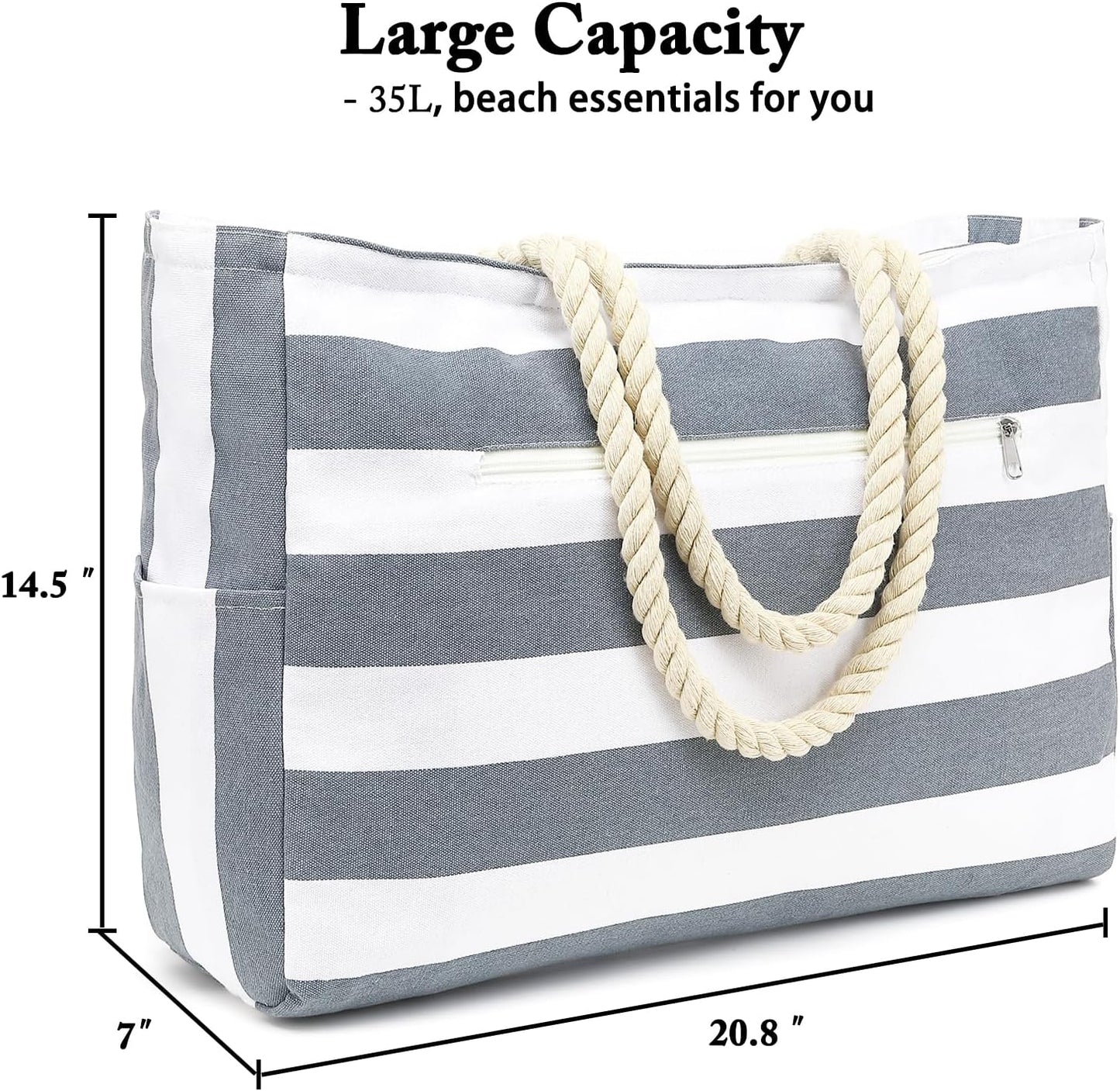 Large Beach Bag for Women, Waterproof Travel Tote Bag with Lunch/Wet Pocket for Weekender, Sandproof, Zipper Closure